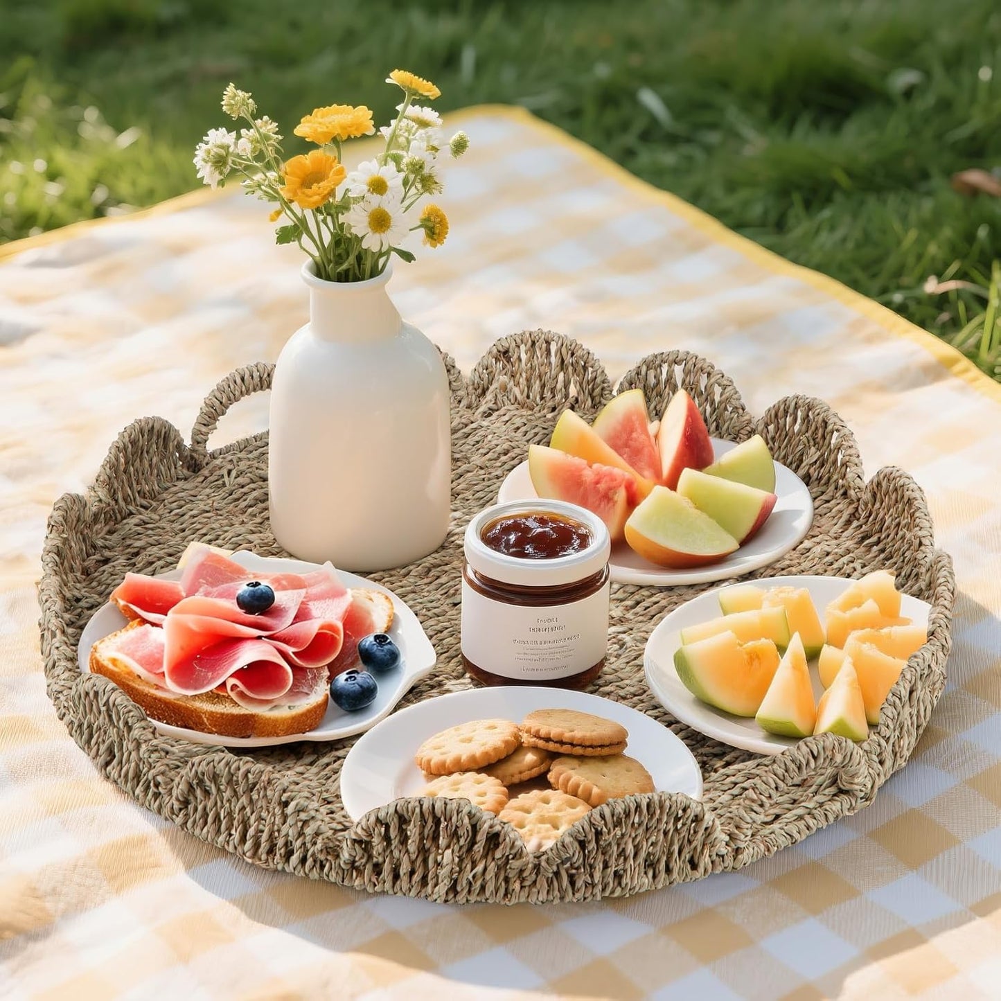 Round Ottoman Tray Large Wicker Serving Tray with Handles for Coffee Table, 20 Inch Handwoven Natural Seagrass Tray Scalloped Edges