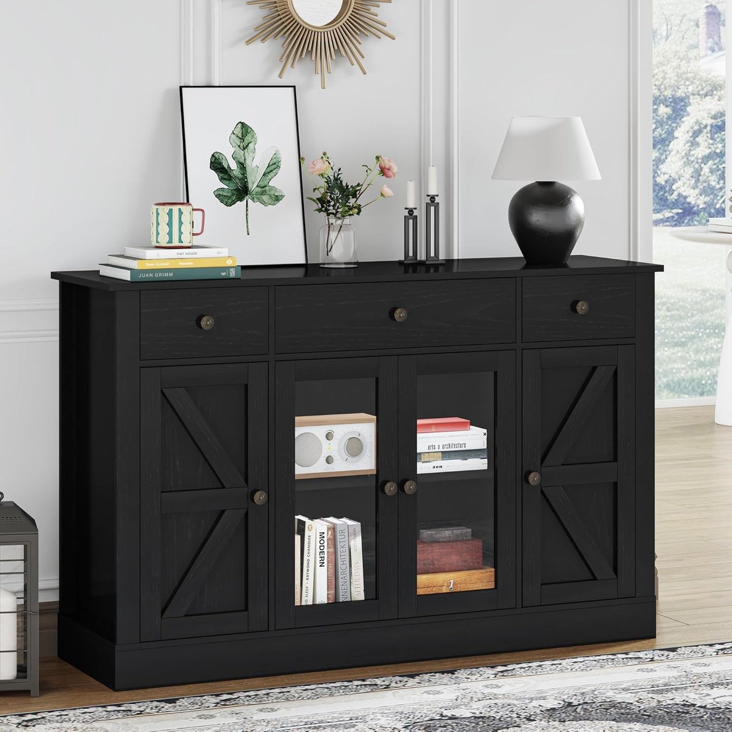 4 EVER WINNER 55" Coffee Bar with 4 Glass Doors and 3 Drawers, Sideboard Buffet Cabinet with Storage, Farmhouse Coffee Bar Cabinet with Adjustable Shelves for Kitchen, Dining Room, Black