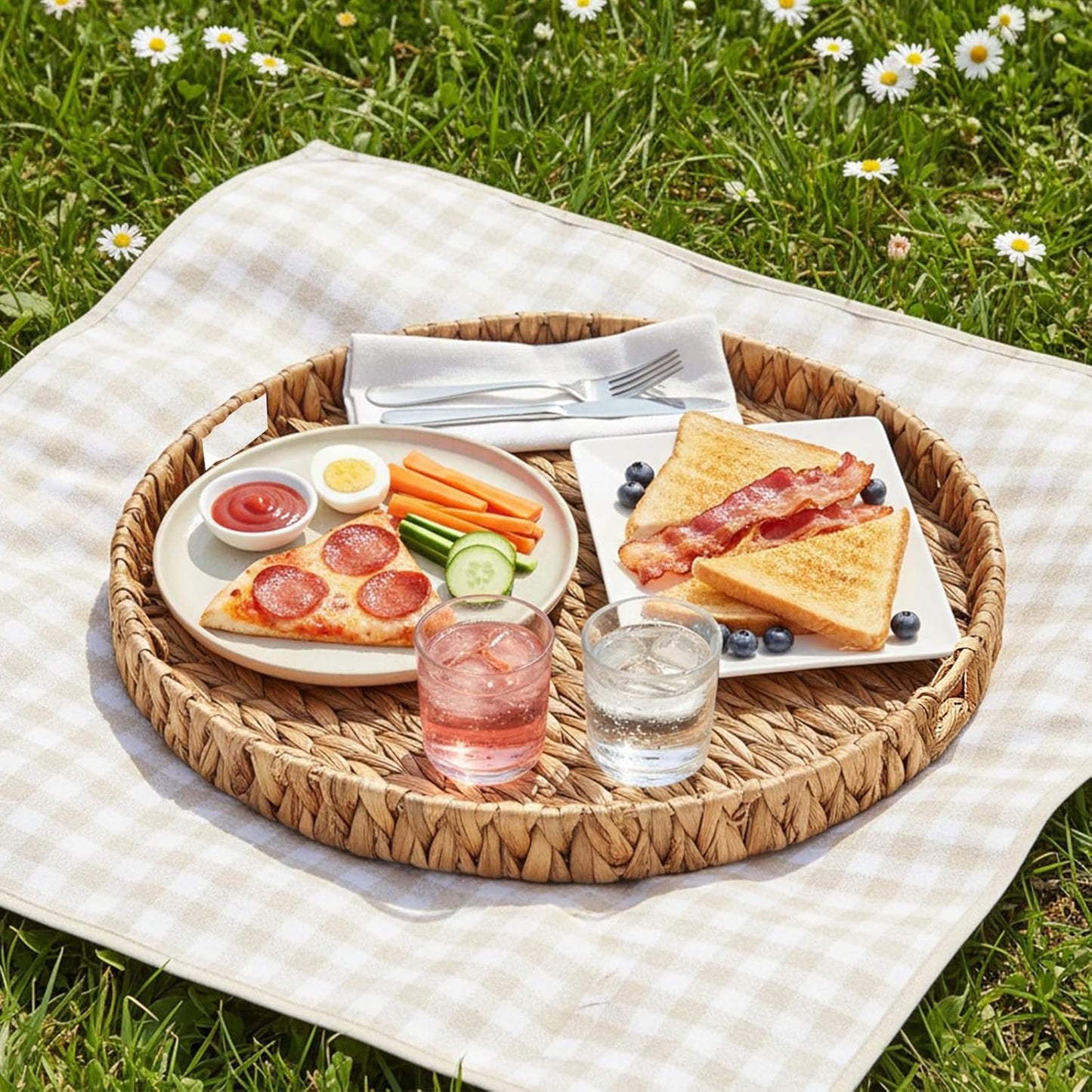 Round Ottoman Tray Large Wicker Serving Tray with Handles for Coffee Table, 18 Inch Handwoven Natural Water Hyacinth Tray