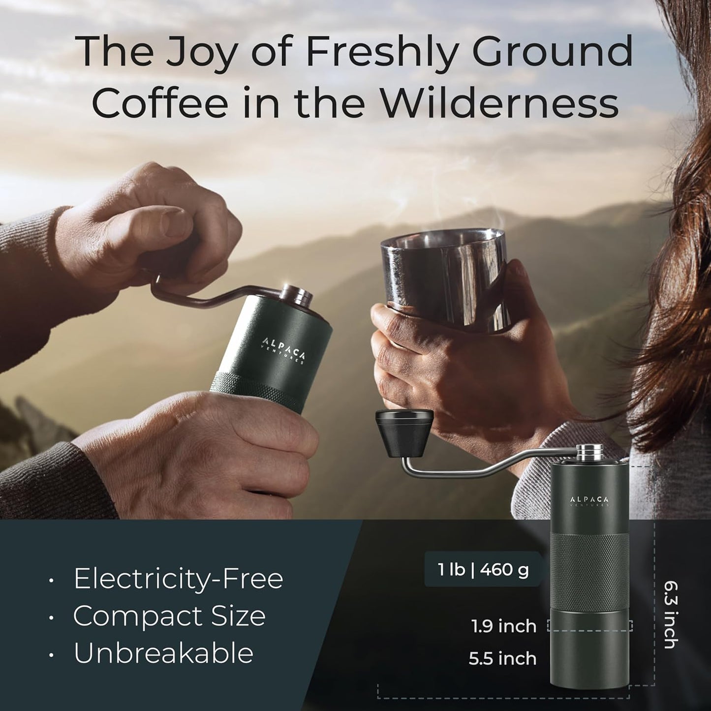 Manual Coffee Grinder by Alpaca Ventures - Stainless Steel Conical Burr Coffee Grinder Manual with Adjustable Setting Double Bearing Hand Espresso Grinder Perfect for Home, Office and Camping