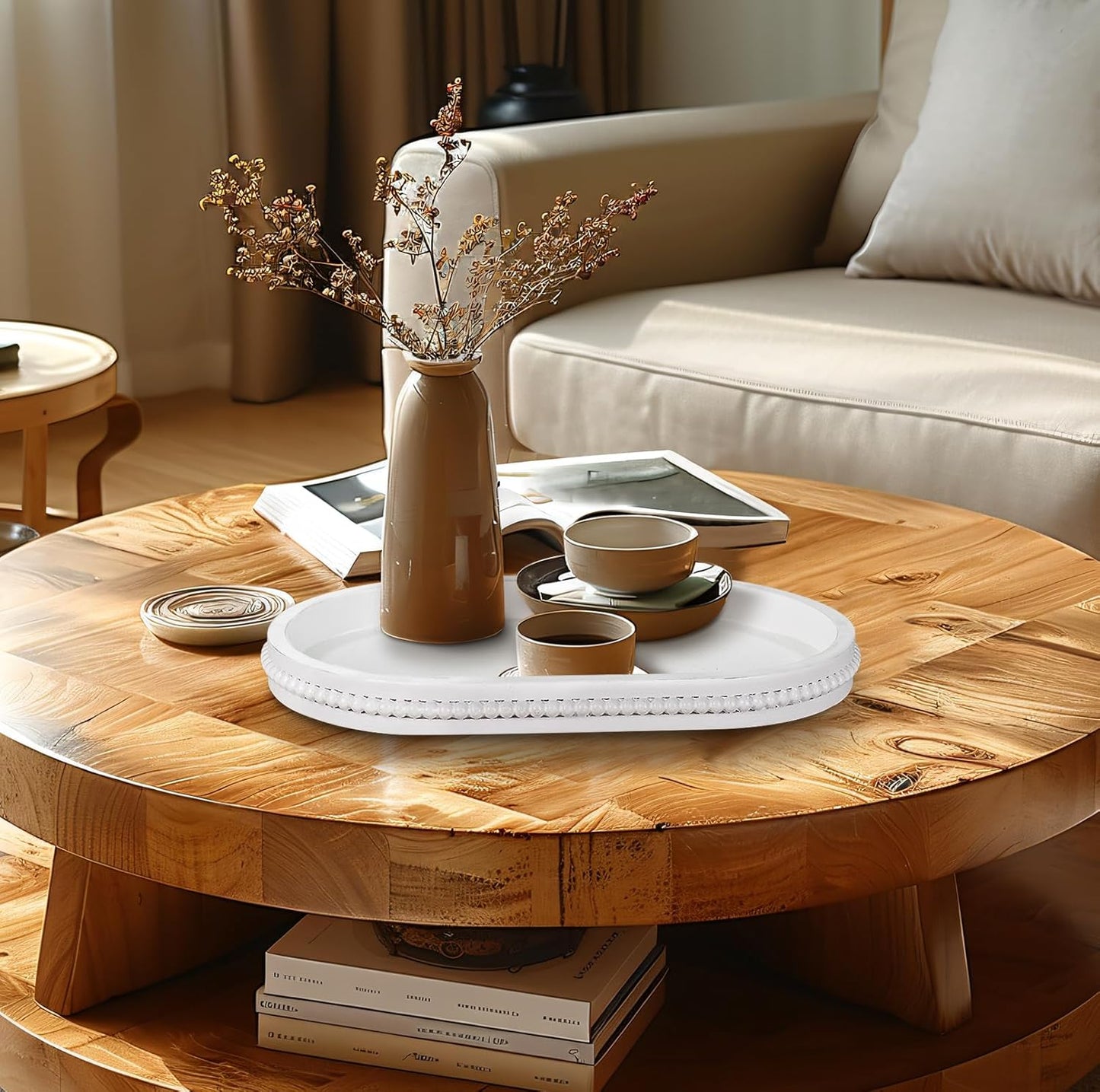 MAONAME Wood Serving Tray, Farmhouse Wooden Tray for Coffee Table, Oval Beaded Trays, White Decorative Trays for Living Room, Kitchen, 15" X 9" X 1.2"