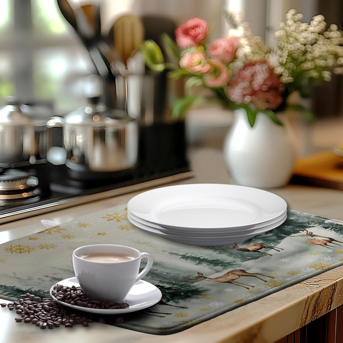 Winter Deer Snowflakes Dish Drying Mat Christmas Snow Forest Large Kitchen Mats Dish Drying Pad Absorbent Dish Dryer Mat for Kitchen Countertops Microfiber Drainer Pad Dish Drying Mats (18x24 in)