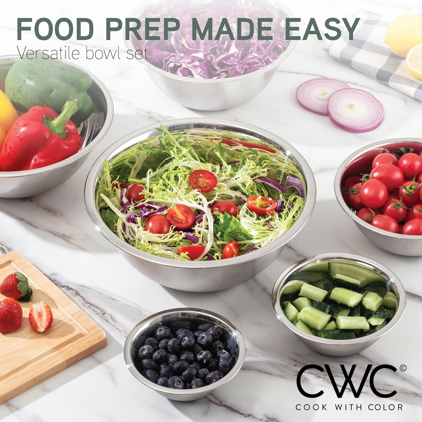 COOK WITH COLOR Stainless Steel Mixing Bowls Set - Nesting Bowls, 6 Pieces, Silver with Non Slip Bottom