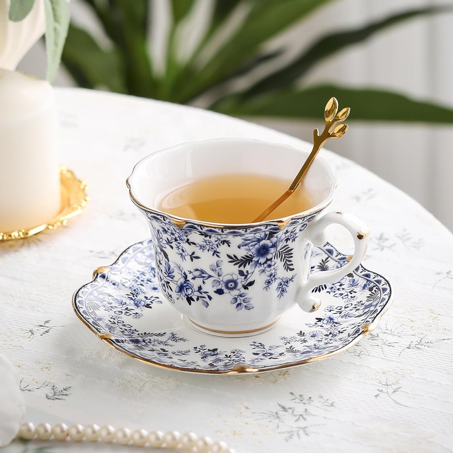 TATSUMI Country Roses Bone China Tea Cup and Saucer Set, 6 Pieces, Vintage Style, For Women and Tea Parties(QH, 2 SETS)