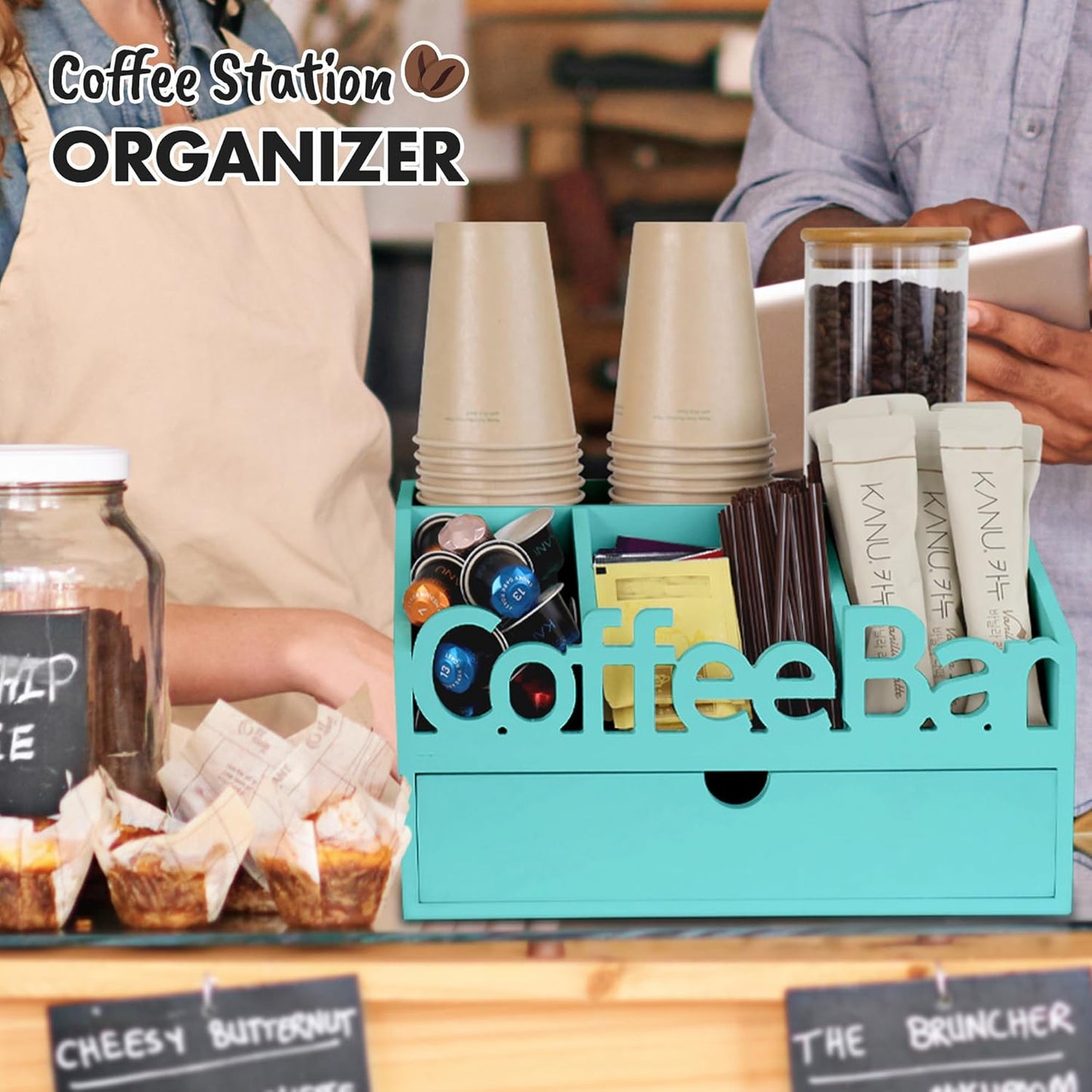 Coffee Bar Organizer for Countertop – Wooden Coffee Station with Black Drawer, Tea and K Cup Storage Rack, Coffee Pod Holder for Home and Office Counter Organization (Drawer - Turquoise)