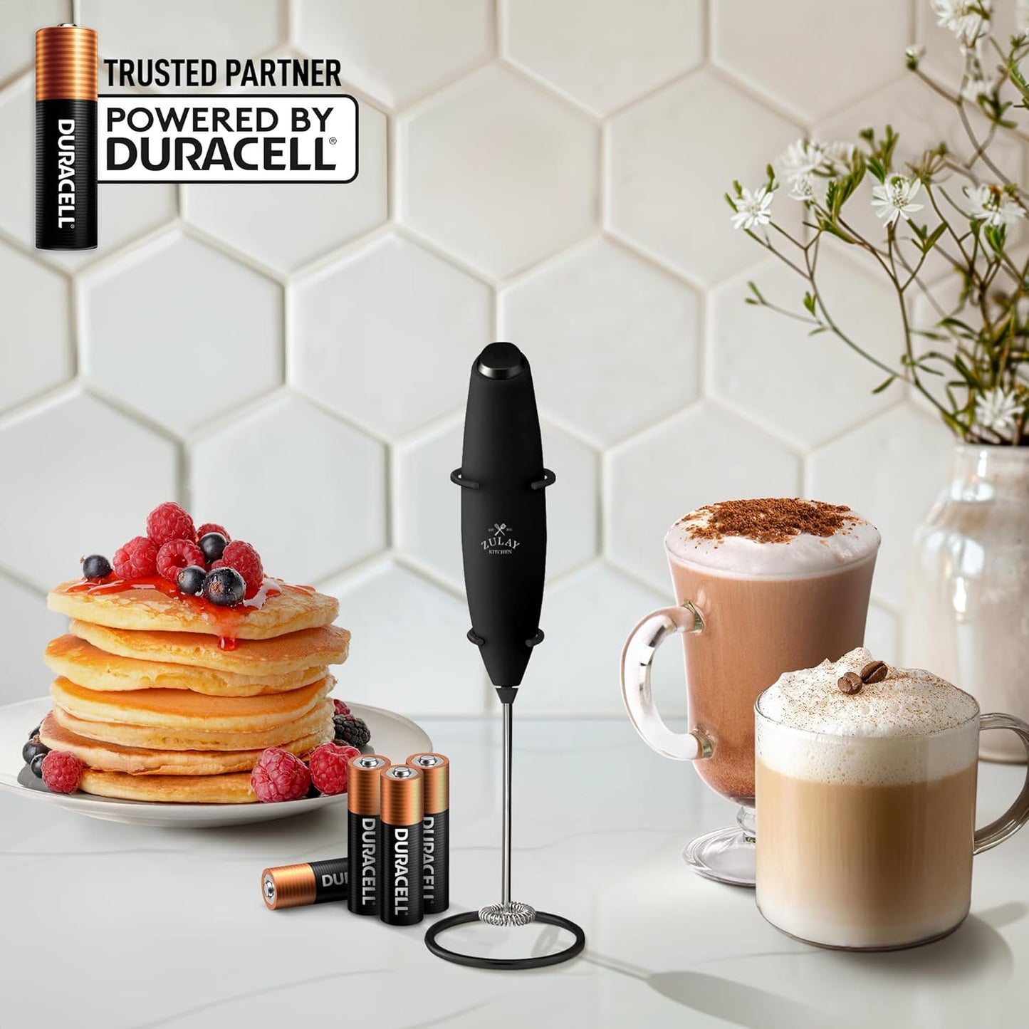 Zulay Kitchen Powerful Milk Frother Wand With 4 AA Duracell Batteries - Ultra Fast Handheld Drink Mixer - Electric Whisk Foam Maker for Coffee, Lattes, Cappuccino, Matcha & Creamer -