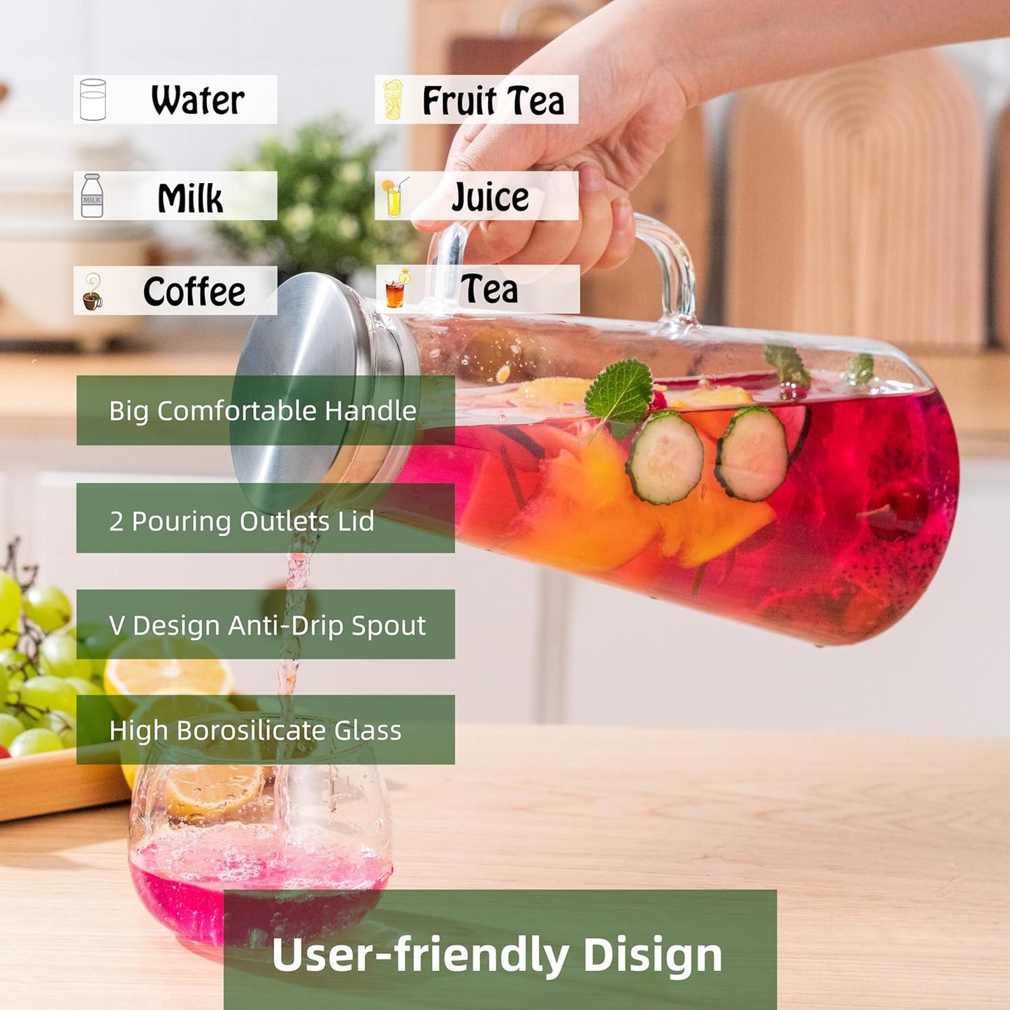 Karafu 68 Oz/2 Liter Pitcher, Glass Pitcher with Lid, Easy Clean and Heat Resistance Borosilicate Glass Jug for Hot or Cold Water, Milk, Ice Tea and Juice Beverage