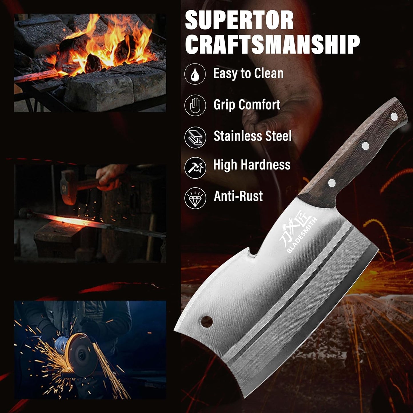 BLADESMITH Meat Cleaver, Multi-Purpose Dual Edges Butcher Knife, Heavy Duty Chopper Knife for Bone Cut with Ergonomic Wenge Handle