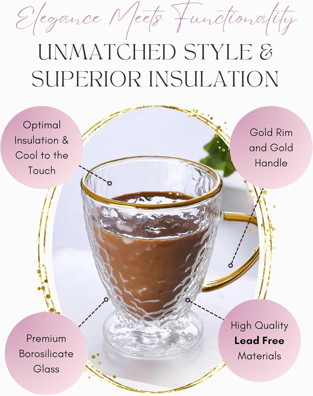 Sister.ly Drinkware, Hammered Double Wall Glass Coffee Cups with Gold Rim and Gold Handle, Insulated Glass Coffee Mugs, Set of 2, 12 ounces. Perfect for Espresso, Latte, Tea, Irish Coffee