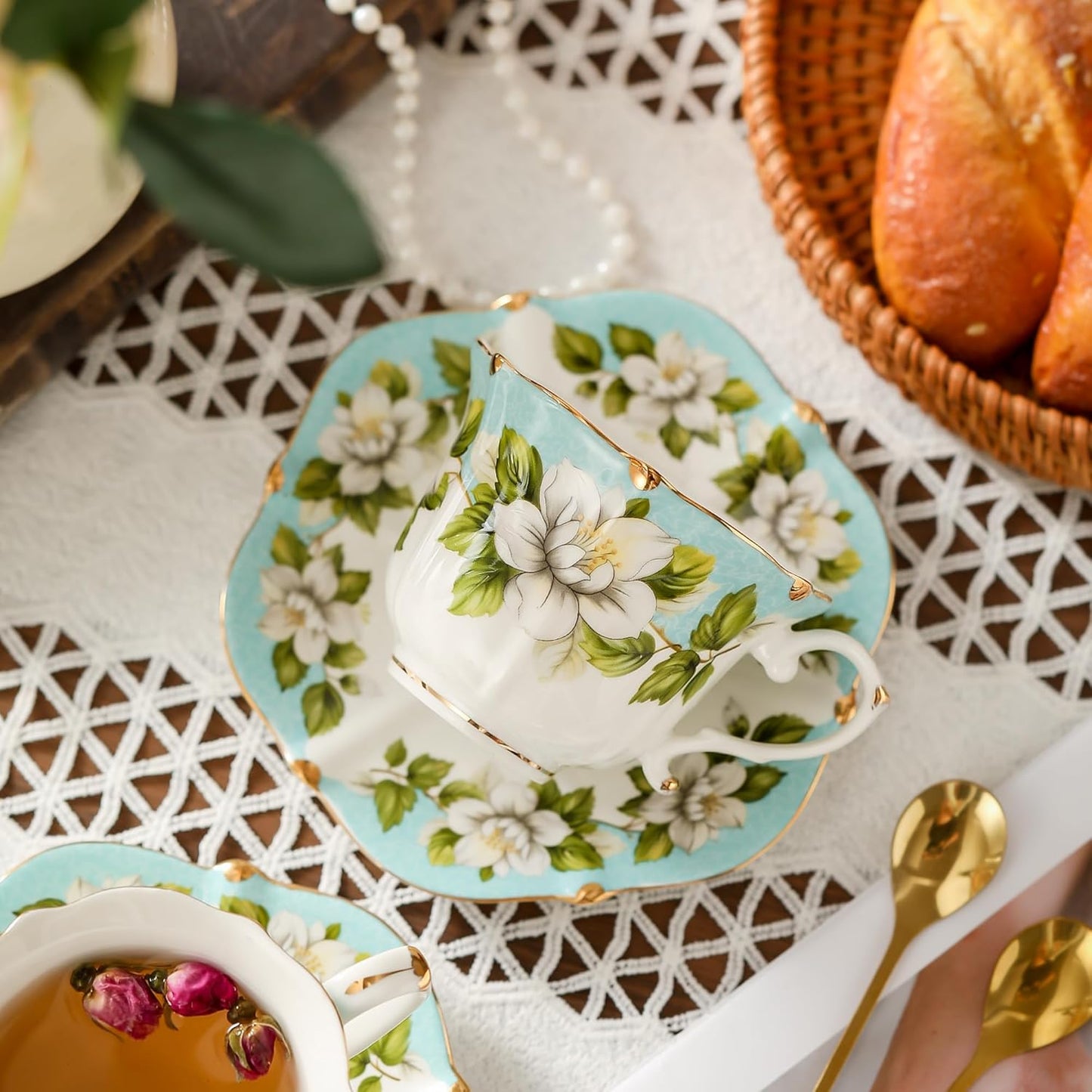 TATSUMI Country Roses Bone China Tea Cup and Saucer Set, 6 Pieces, Vintage Style, For Women and Tea Parties(Light Green, 2 sets)