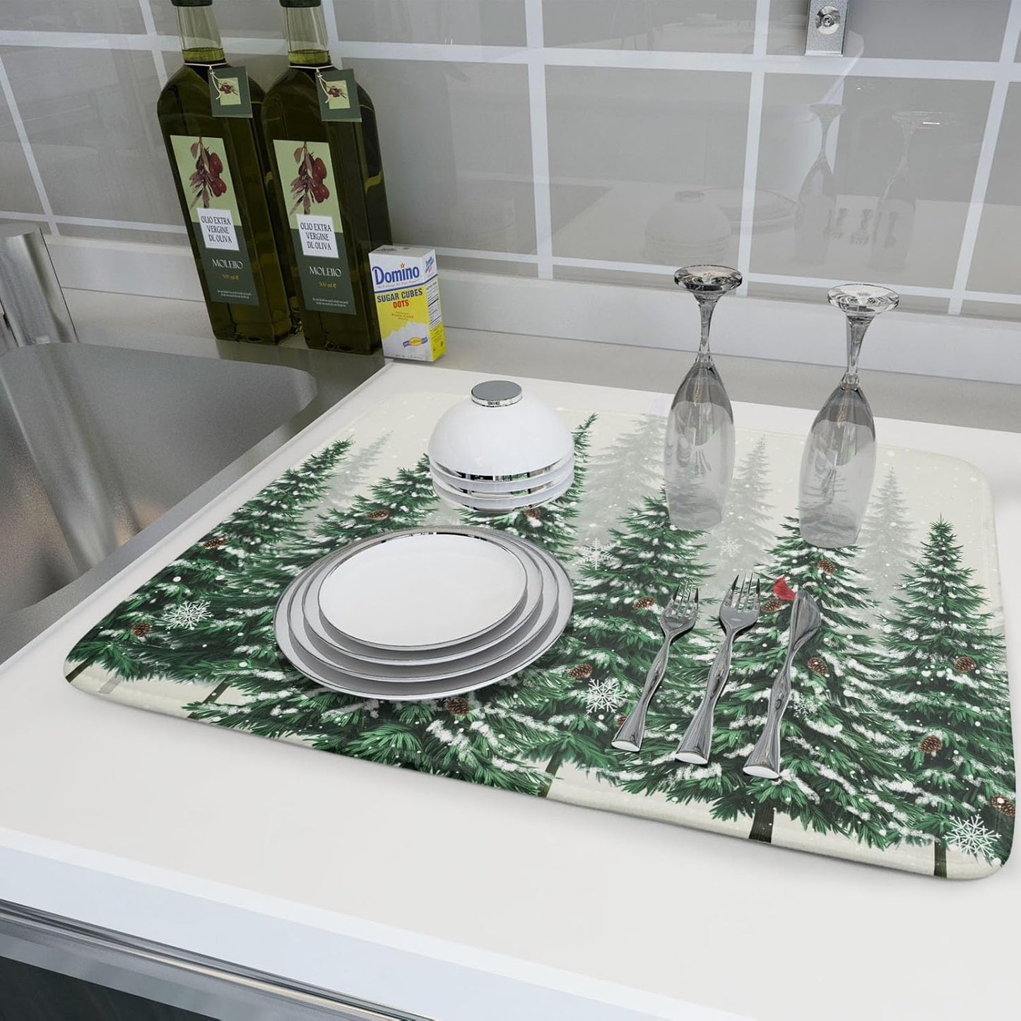 Winter Green Pine Tree Dish Drying Mat for Kitchen Counter,Red Bird Snowflake Drying Mat 18 x 24 Inch with High Absorbent Microfiber Drainer Mat for Coffee Bar