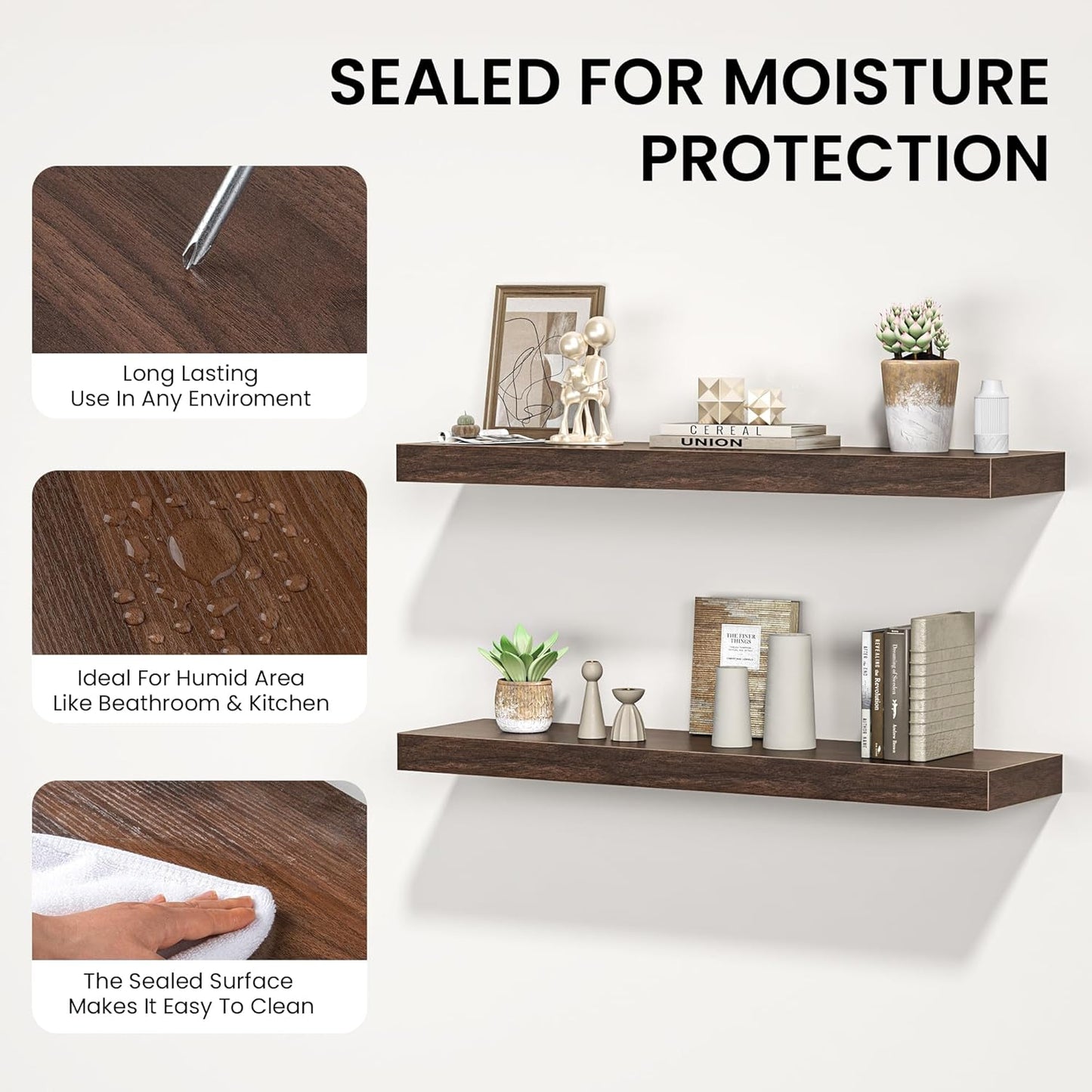 Floating Shelves for Wall, 36" W x 8" D x 1.5" H, Wooden Wall Mounted Display Shelves with Invisible Brackets for Living Room, Bedroom, Bathroom, Kitchen Decor and Storage, Set of 2, Walnut