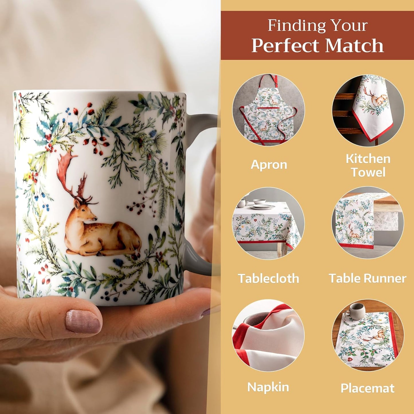 Maison d' Hermine Coffee Mug with Handles Fine Bone China Mugs Pack of One Tea Cups for Hot Beverages Cappuccino Latte Home Restaurant Office Perfect for Gift (Holly Time - Cerf, 15 Ounce)