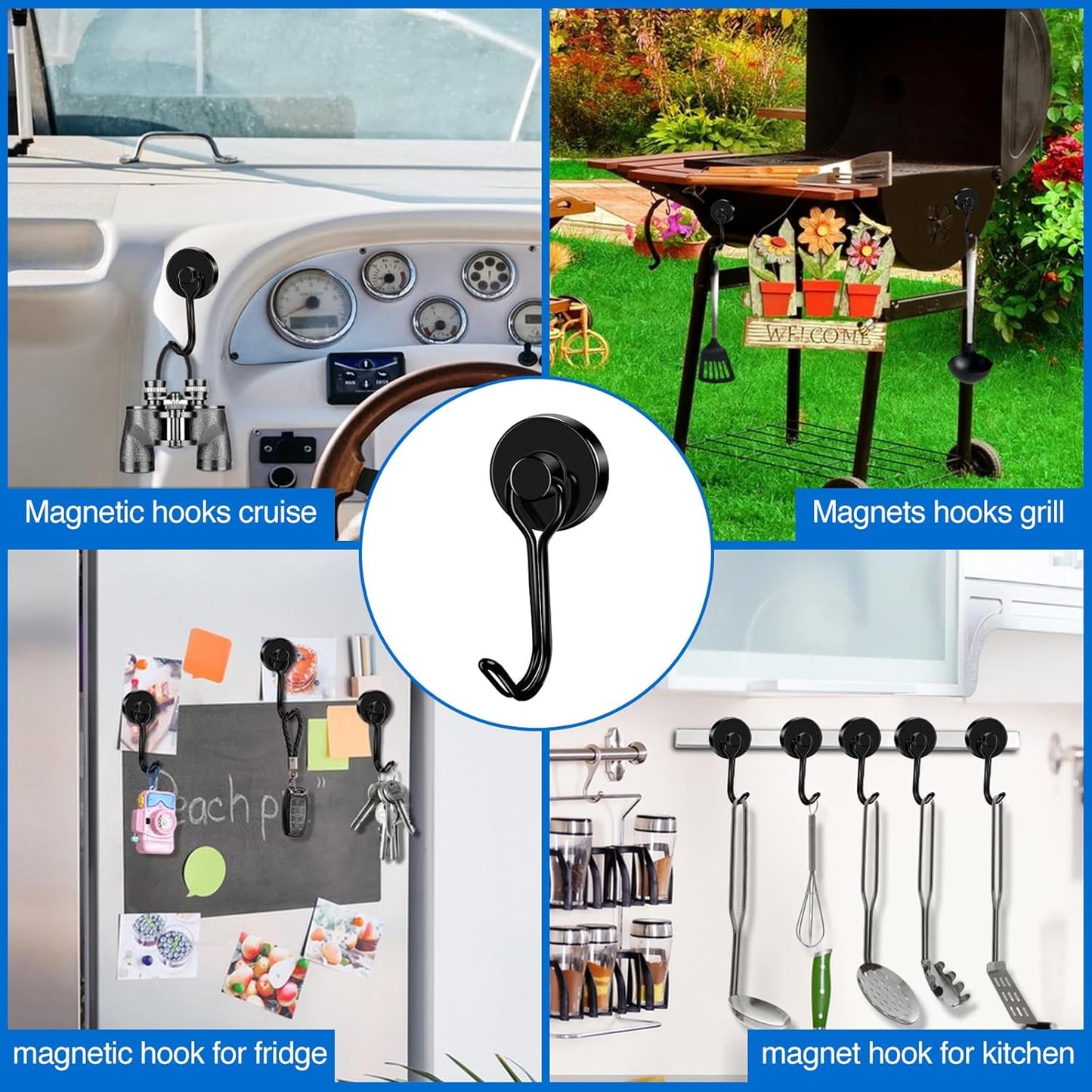 LOVIMAG Hooks, 80lbs+ Magnetic Magnet Hook 2025 Cruise Cabin Ship Essentials Heavy Duty Strong Refrigerator Fridge Hanging for Classroom Beach Vacation Kitchen Grills Home Mug Hanger (6 Pack), Black