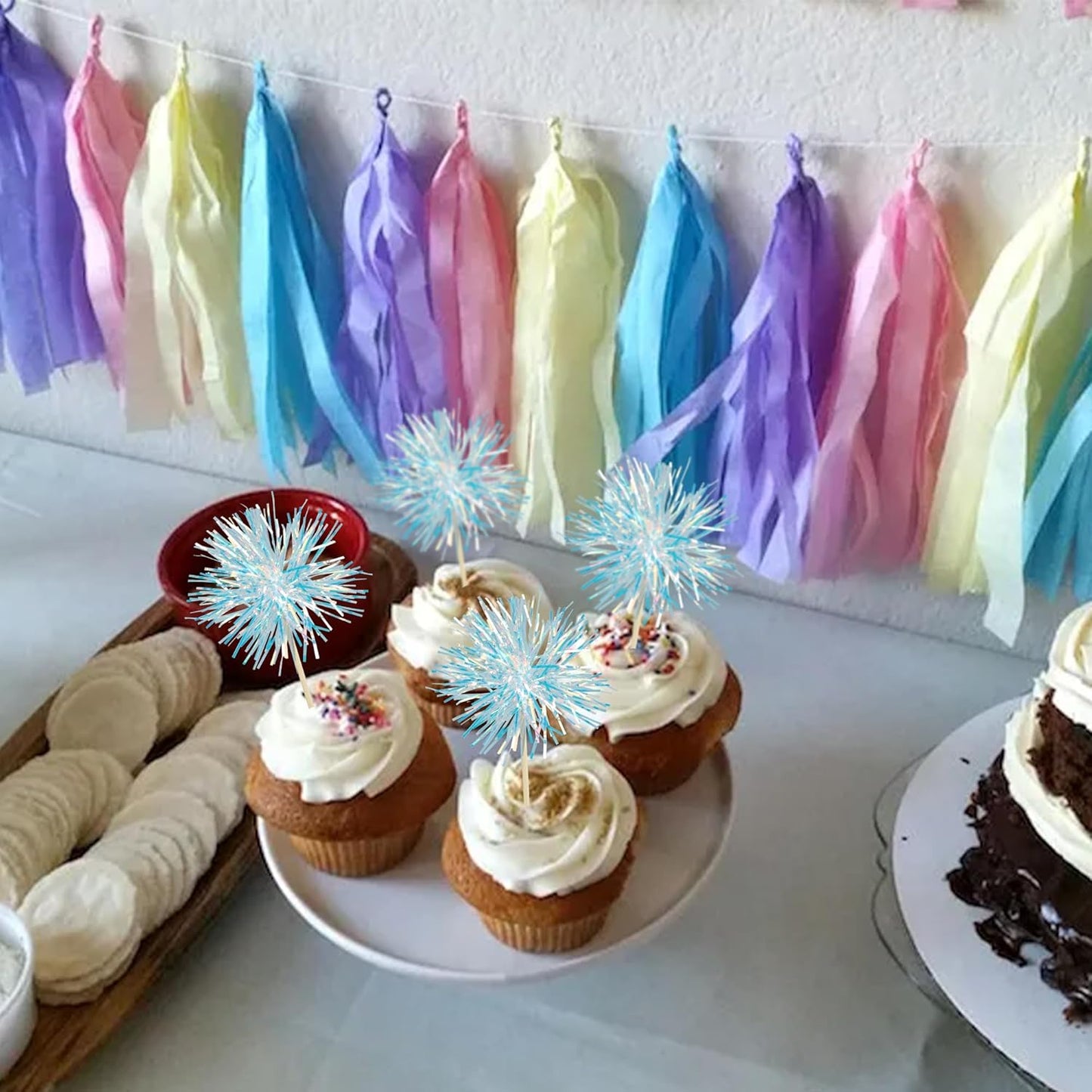 Gyufise 30Pcs Foil Firework Cupcake Toppers Sparkle Tinsel Cake Toppers Tinsel Drink Cake Decoration Cocktail Picks for Birthday Wedding Graduation Party Supplies Laser Blue