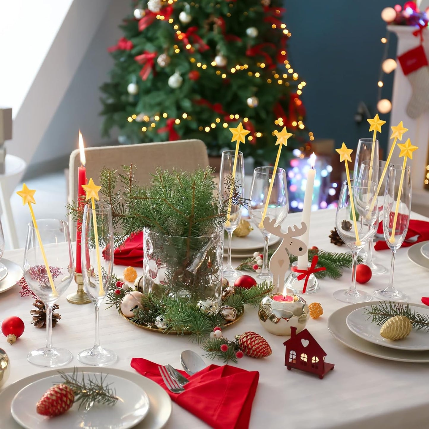 30 Pcs Christmas Drink Stirrers Xmas Stir Stick Holiday Coffee Swizzle Stick Reusable Plastic Hot Cocoa Bar Chocolate Decoration Cocktail Mixer(Christmas Star,Yellow)