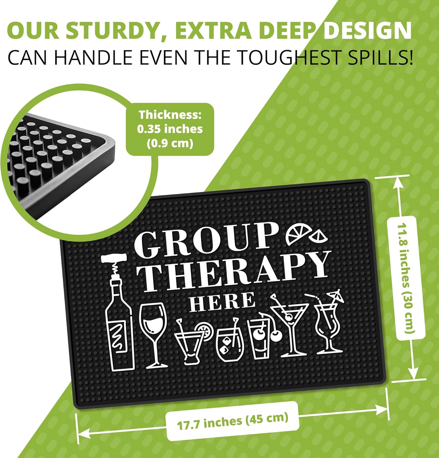 Group Therapy Bar Mat for Countertop - Ideal for Bartending & Home Bar Spill-Proof, Durable, Non-Slip Rubber Mat - Large Size 18"x12" - Bar Mats for Home Bar - Thick Rubber Mat
