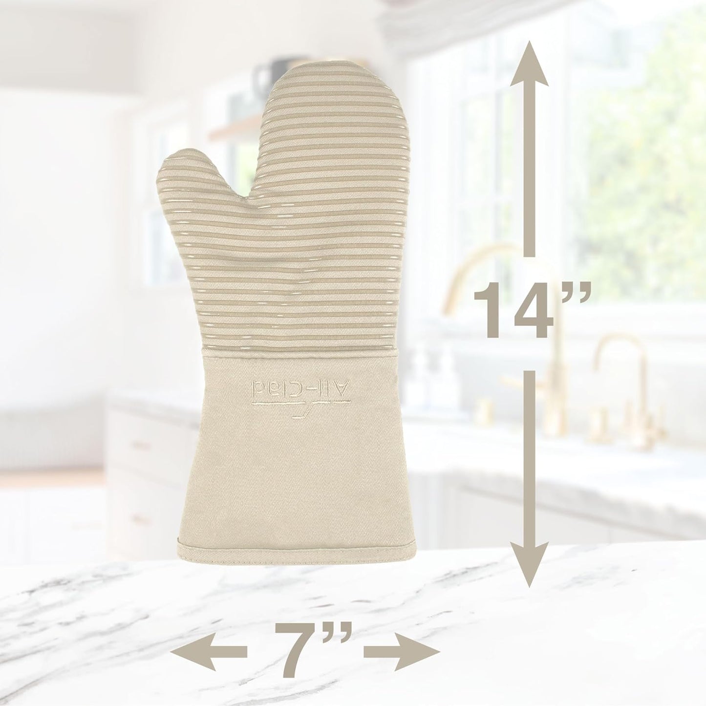 All-Clad Silicone Oven Mitts: Heat Resistant up to 500 Degrees - 100% Cotton & Silicone, 14"x7" Oven Mitt for Kitchen and Barbeque, 2-Pack, Almond