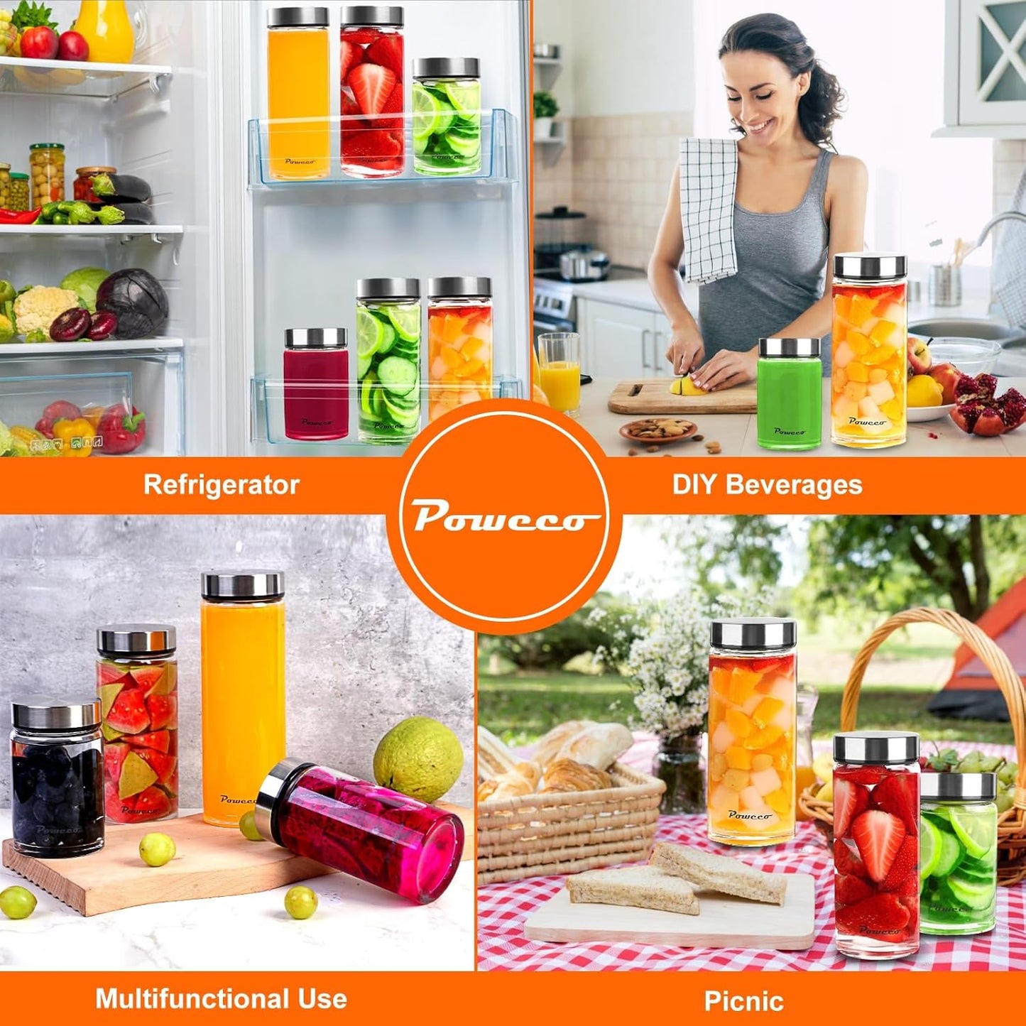 20oz Glass Juice & Water Bottles 6-Pack with Lids- Wide Mouth Reusable Borosilicate Glass- for Juicing, Smoothies, Protein Shakes, Blender & Shaker Bottle- Refillable & Dishwasher Safe(20 oz/600ml)