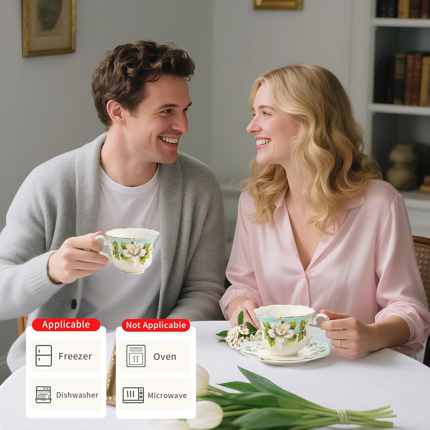 TATSUMI Country Roses Bone China Tea Cup and Saucer Set, 3 Pieces, Vintage Style, For Women and Tea Parties(Light Green, 1 set)