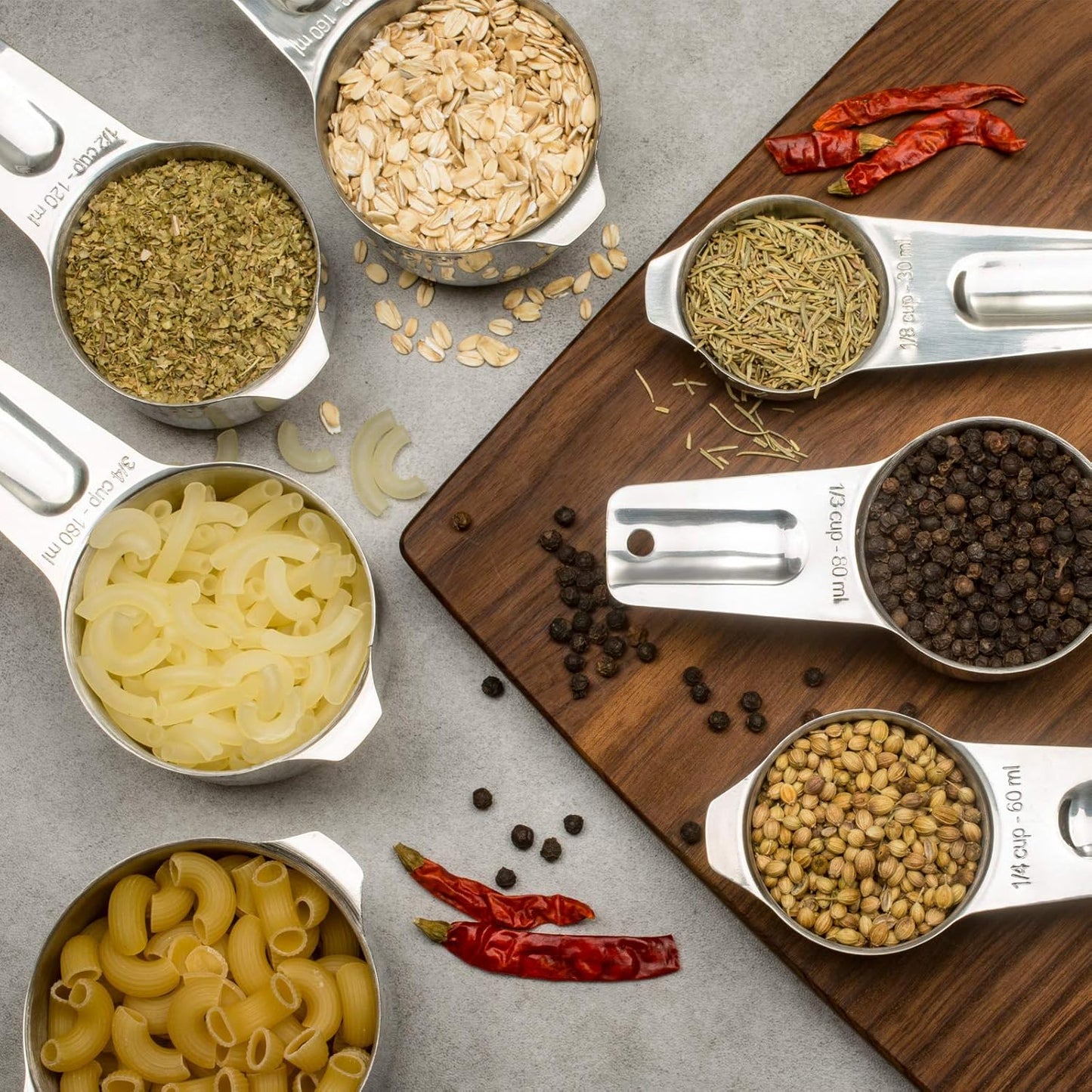 Set of 7 Heavy Duty Measuring Cups, 18/8 Stainless Steel with Ring Connector, Silver