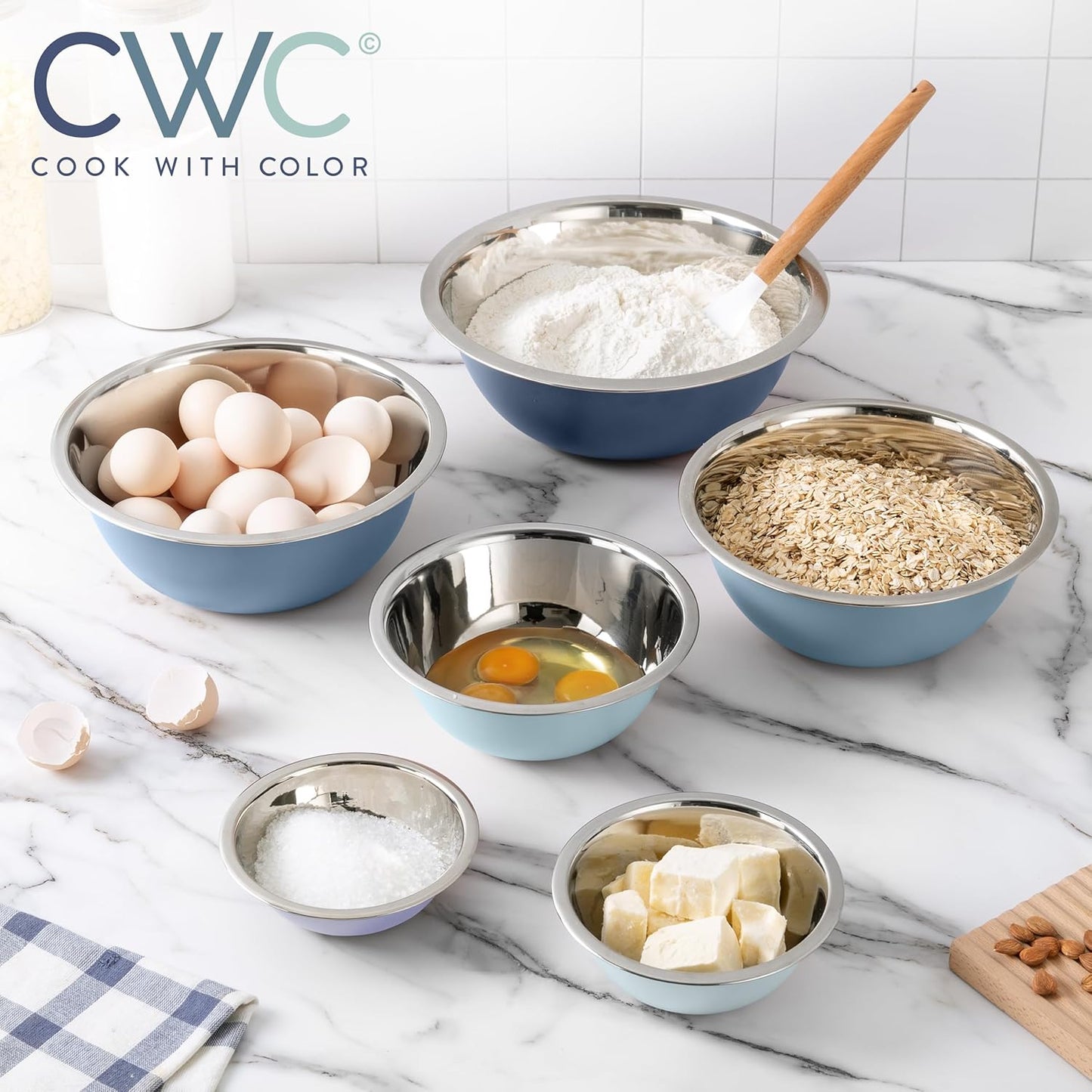 COOK WITH COLOR Stainless Steel Mixing Bowls Set - Nesting Bowls, 6 Pieces, Blue