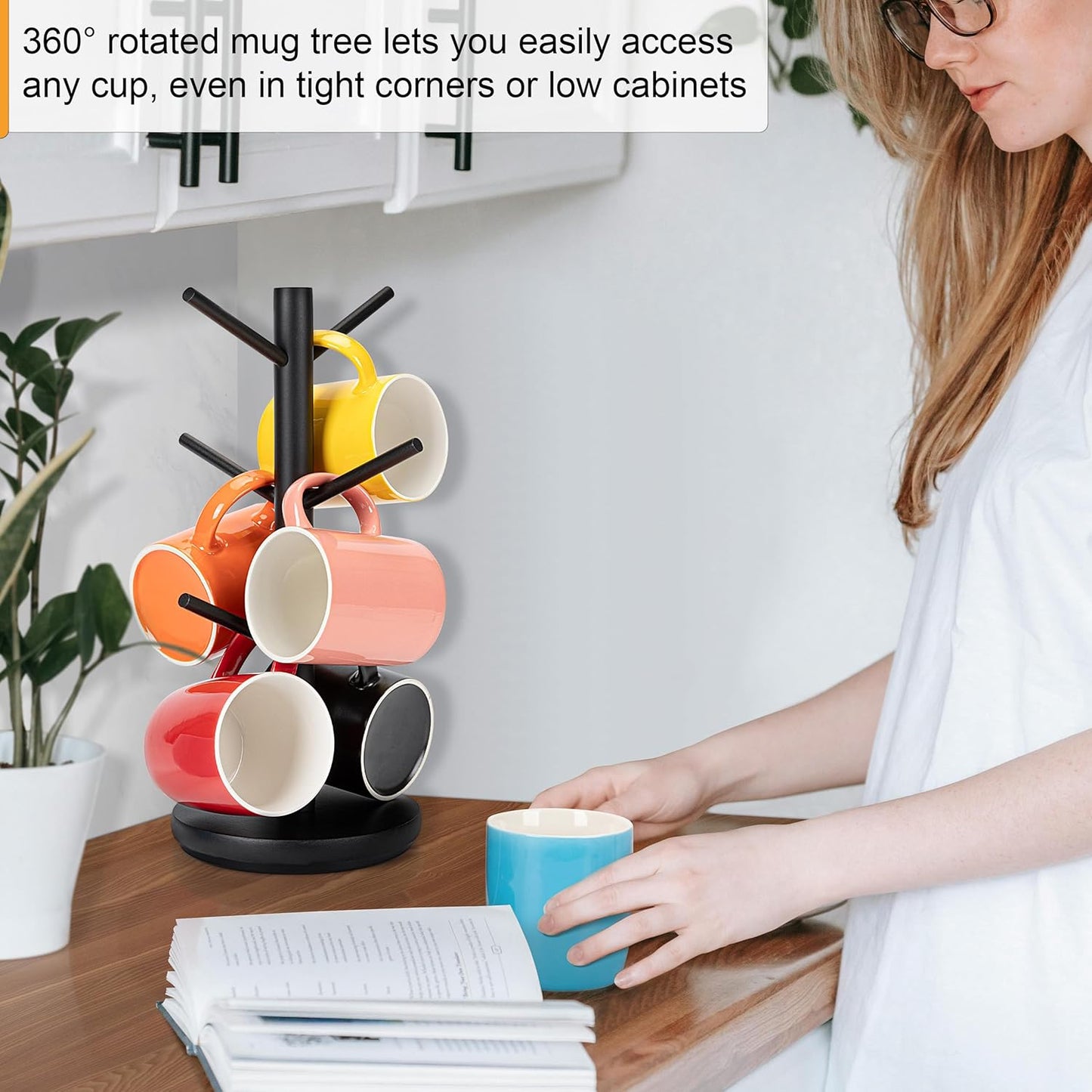 MyLifeUNIT Mug Holder Tree, 360° Rotated Coffee Cup Holder with 6 Hooks, Wooden Coffee Mug Holder Organizer for Counter Top, Coffee Bar Accessories (Black)