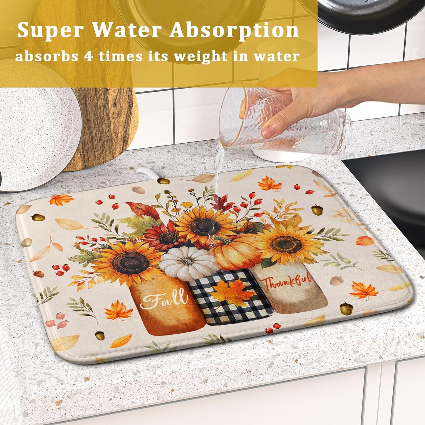 Autumn Sunflowers Vase Dish Drying Mat for Kitchen Counter,Fall Pumpkin Maple Leaves Drying Mat 16 x 18 Inch with High Absorbent Microfiber Dish Drying Drainer Mat for Coffee Bar