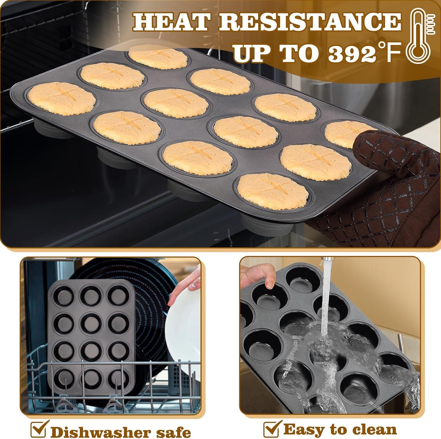 BEWOS 2 PCS Non-Stick 12 Cup Muffin Pan, Carbon Steel Mini Muffin Pan with 24 Reusable Silicone Silicone Molds, Dishwasher Safe & Easy Clean Muffin Tin, Baking Moulds for Muffins or Cupcake(Grey)