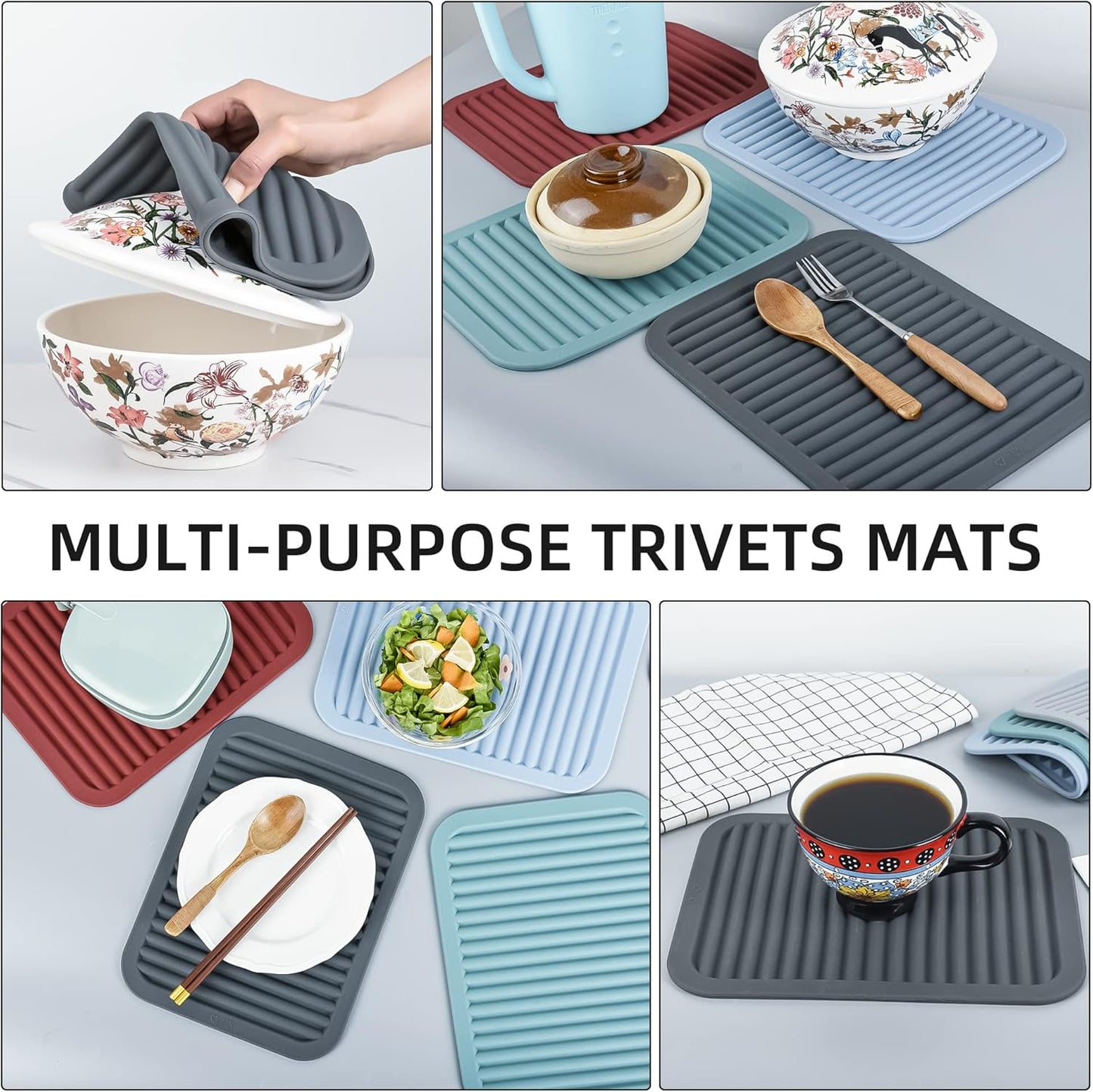 Silicone Trivet Mat for Hot Pots and Pans, Heat Resistant Silicone Mat, Multipurpose Trivets Mats, Flexible Durable Blue Hot Pads for Countertops, Non-Slip Rectangular Pad Pot Holder 2 Set