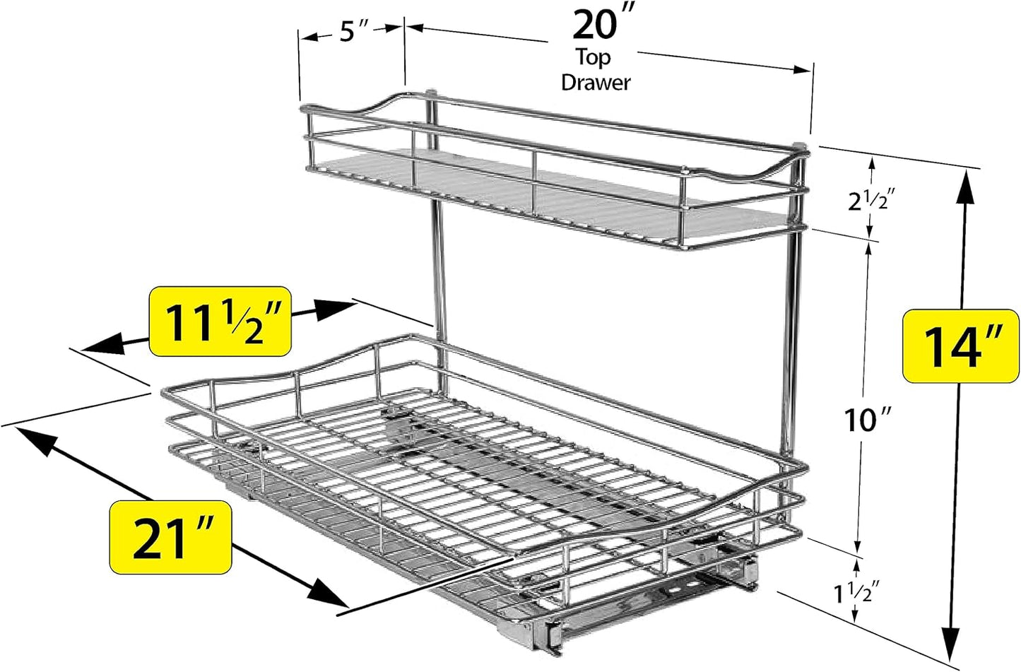 LYNK PROFESSIONAL® Pull Out Under Sink Kitchen Cabinet Organizer - 11.5 in. x 21 inch deep Drawer - Sliding Shelf Organizer for Cabinets and Undersink Storage Shelves - Lifetime Ltd. Warranty – Chrome