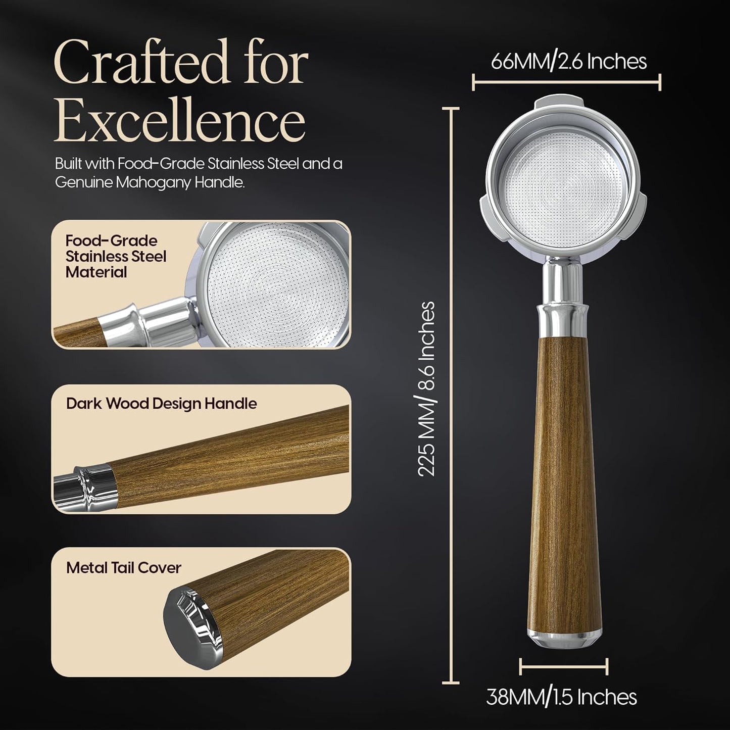 Bottomless Portafilter 54mm - Stainless Steel Filter Basket and Ergonomic Mahogany Wood Handle - Compatible with Breville 54mm Bottomless Portafilter Coffee Machine Models