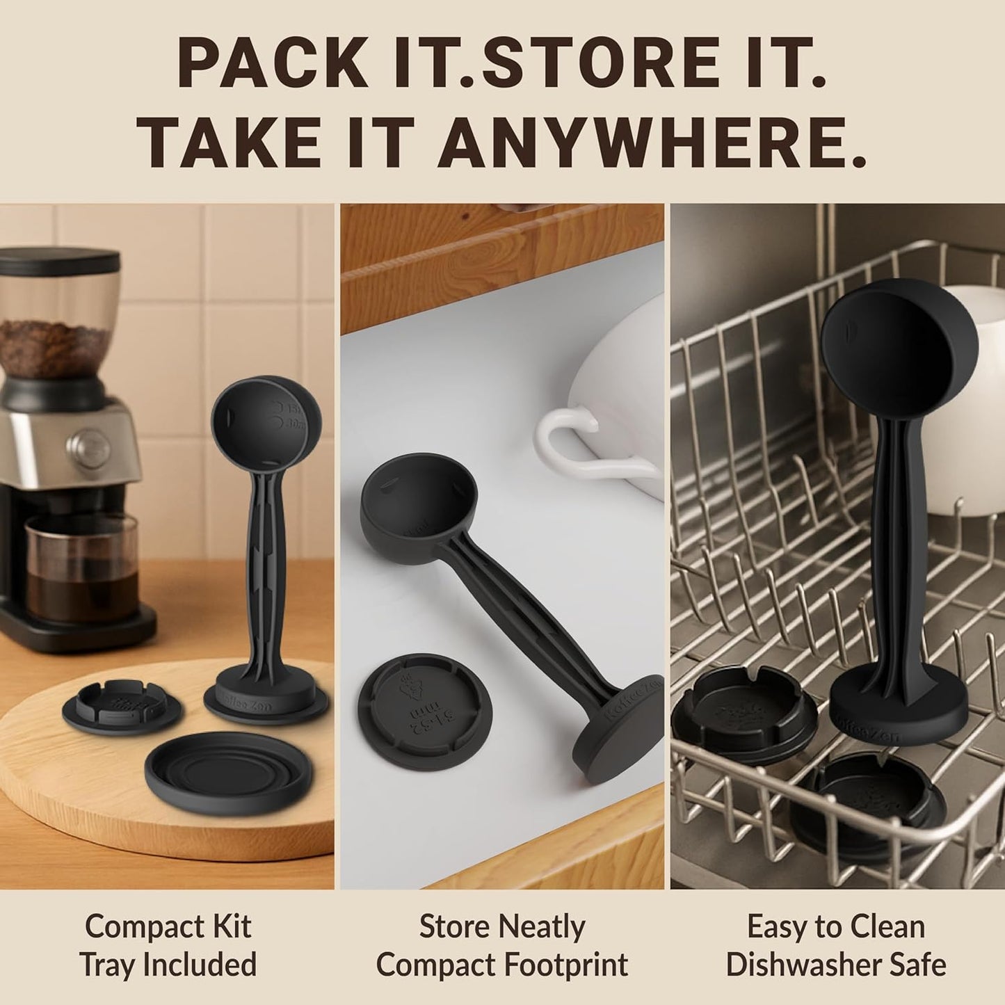 Koffee Zen Espresso Tamper Set, 5 Interchangeable Sizes (49–58mm), Dual Coffee Scoop (1 & 2 TBSP), Fits Select Breville, De’Longhi & More Models