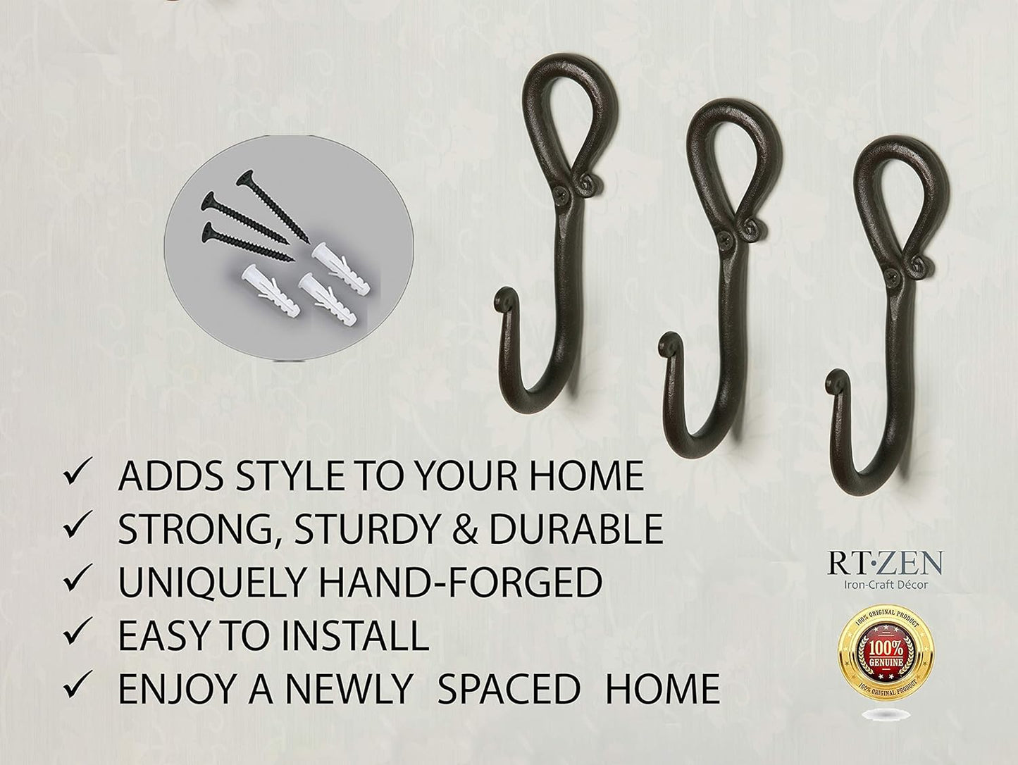 RTZEN Wall Mount Hook Set - Wrought Iron Decorative Rustic Metal Coat Hooks for Hanging - Handcrafted Classic Farmhouse Wall Mounted Black Hooks for Towel Robe or Hat Hanging - 3 Pack