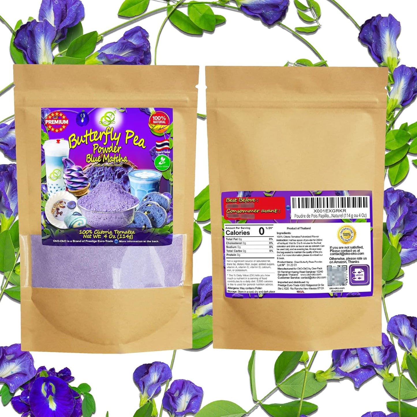 Blue Matcha Butterfly Pea Powder 4 Oz | OkO-OkO - Premium - 100% Natural from flowers of Ternatea Thailand No additives - infusion, Blue Herbal tea, Organic Vegan food coloring, cocktail, meal, baking