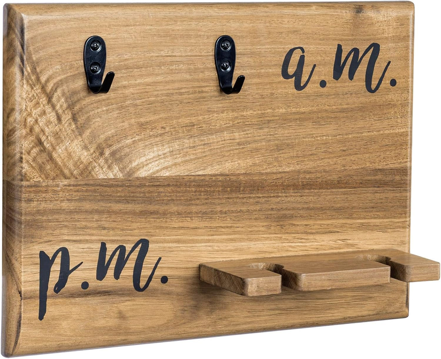 MyGift Premium Solid Acacia Wood Wall Mounted Mug and Wine Glass Holder Rack – Rustic Coffee and Wine Bar Organizer with Cursive A.M. / P.M. Design