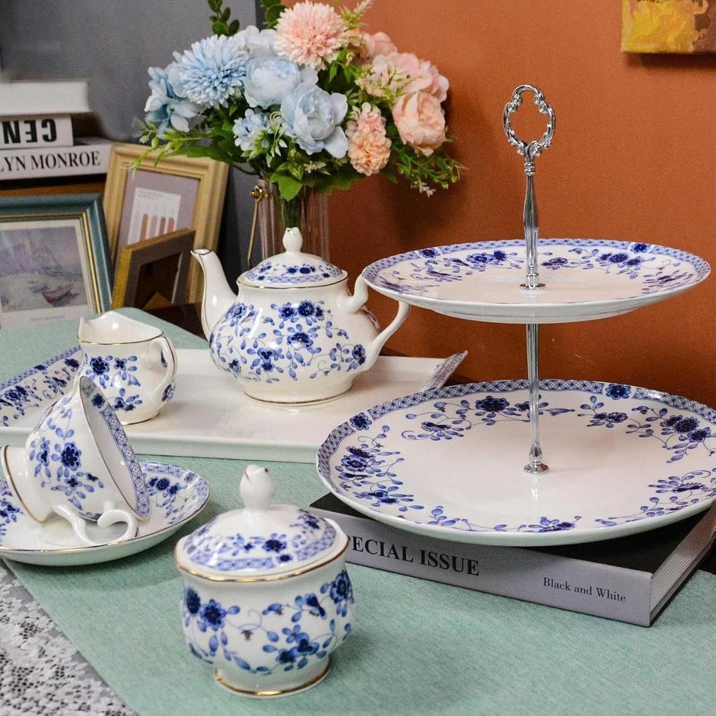 Bone China Tea Set for Adults, 13-Piece Porcelain Tea Sets,Blue and White Bone China Tea Cup Set for 4,Vintage Tea Sets for Women Tea Party or Christmas Gifts