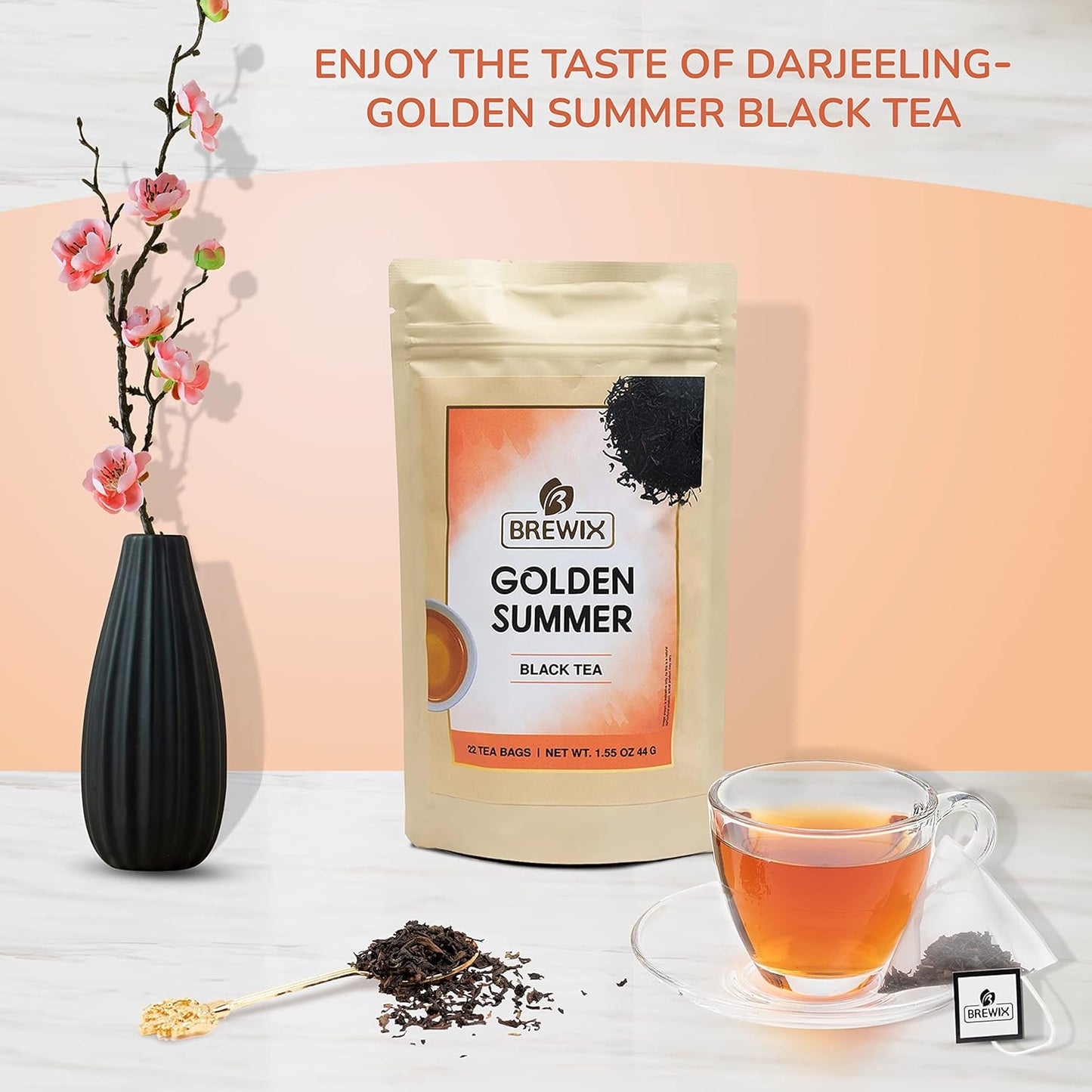 BREWIX, Darjeeling Golden Summer Tea From Himalayas (22 Pyramid Tea Bags) | High Grown in the Himalayas | Long Leaf Tea, Packed in Resealable Ziplock Pouch