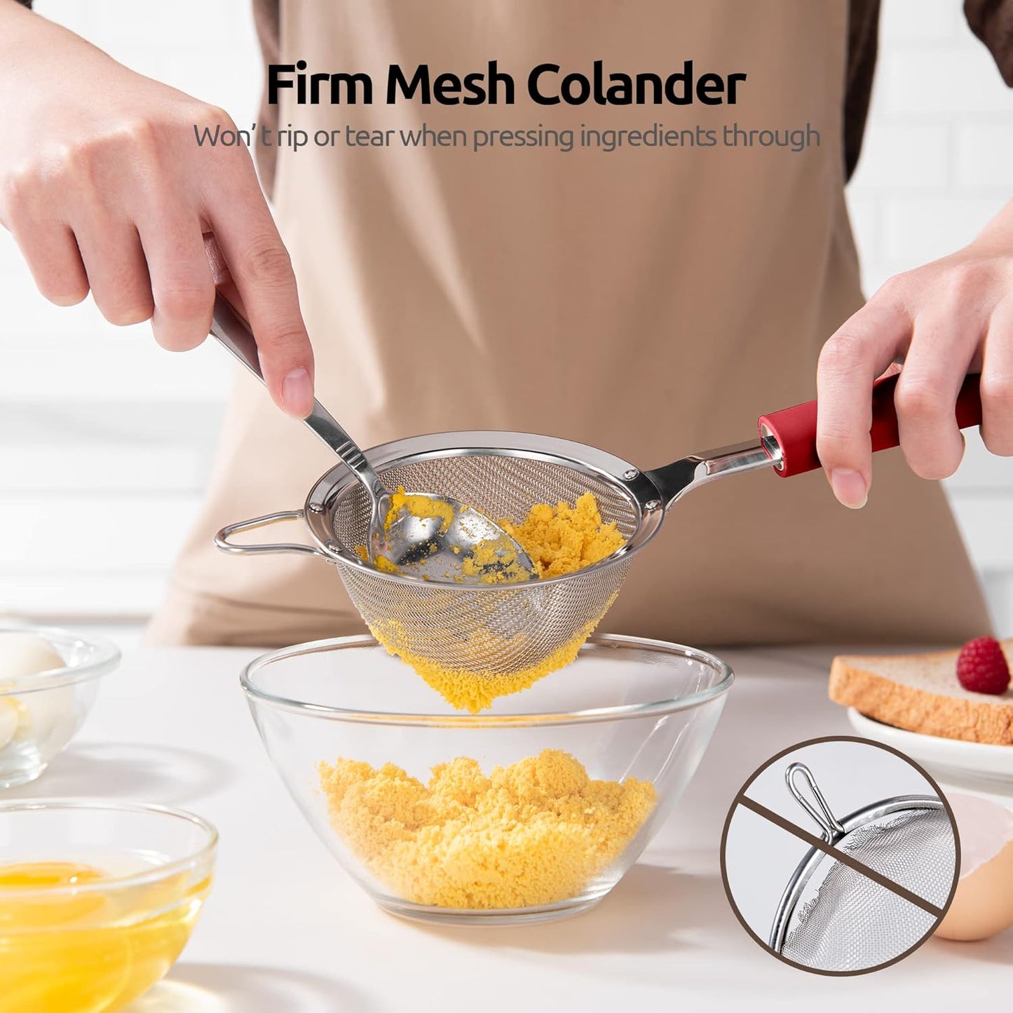 18/8 Stainless Steel Mesh Strainer: U-Taste 3.9 Inch Kitchen Fine Mesh Sieve Food Colander with Riveted Sturdy Silicone Handle and 30 Mesh Hole for Straining Flour, Quinoa, Tea, Juice (Red)