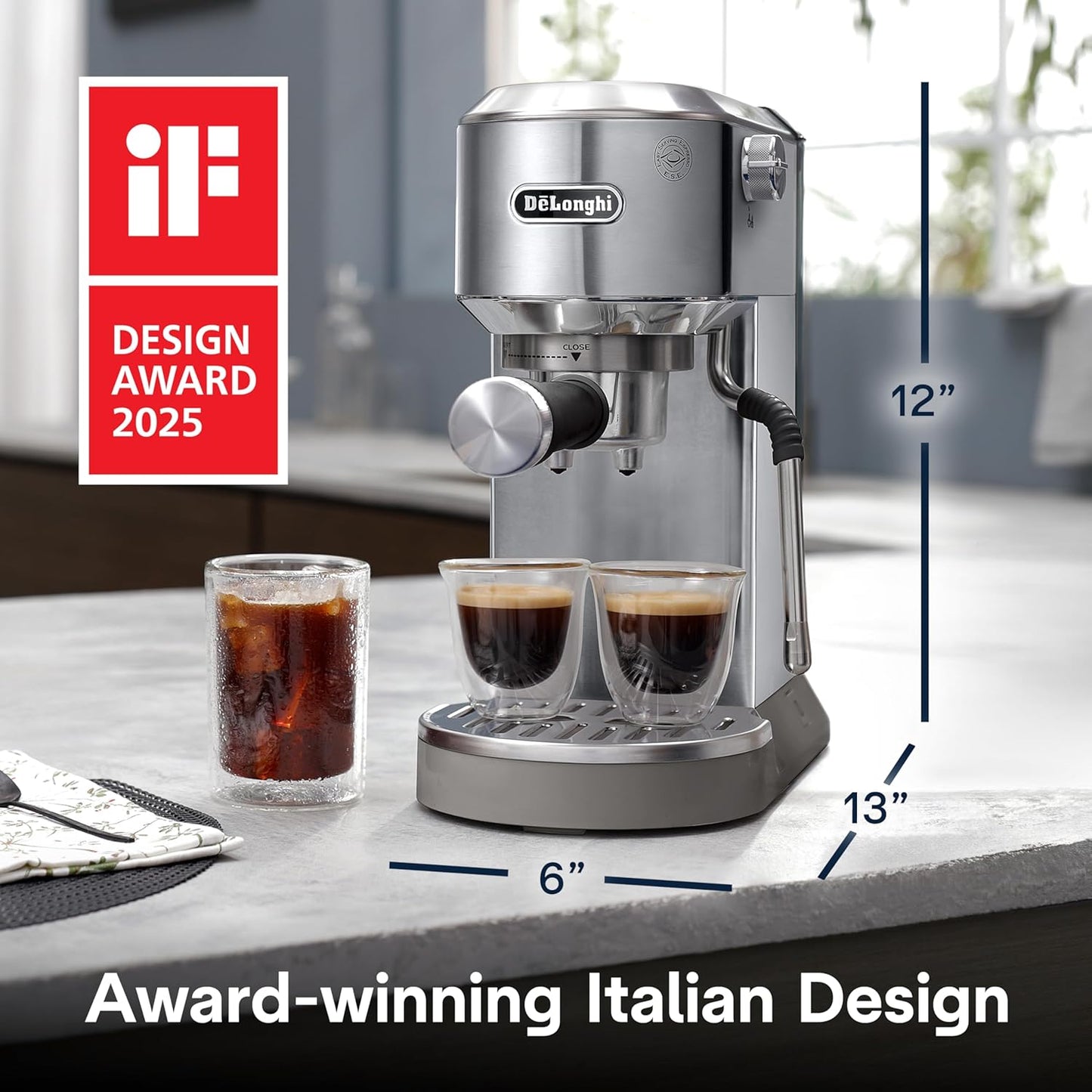 De'Longhi Dedica Duo Compact Espresso Machine - Cold Brew Coffee Maker with Milk Frother Wand- for Espresso, Hot & Iced Coffee, Cappuccinos, Lattes & Home Barista Brewing, Stainless Steel