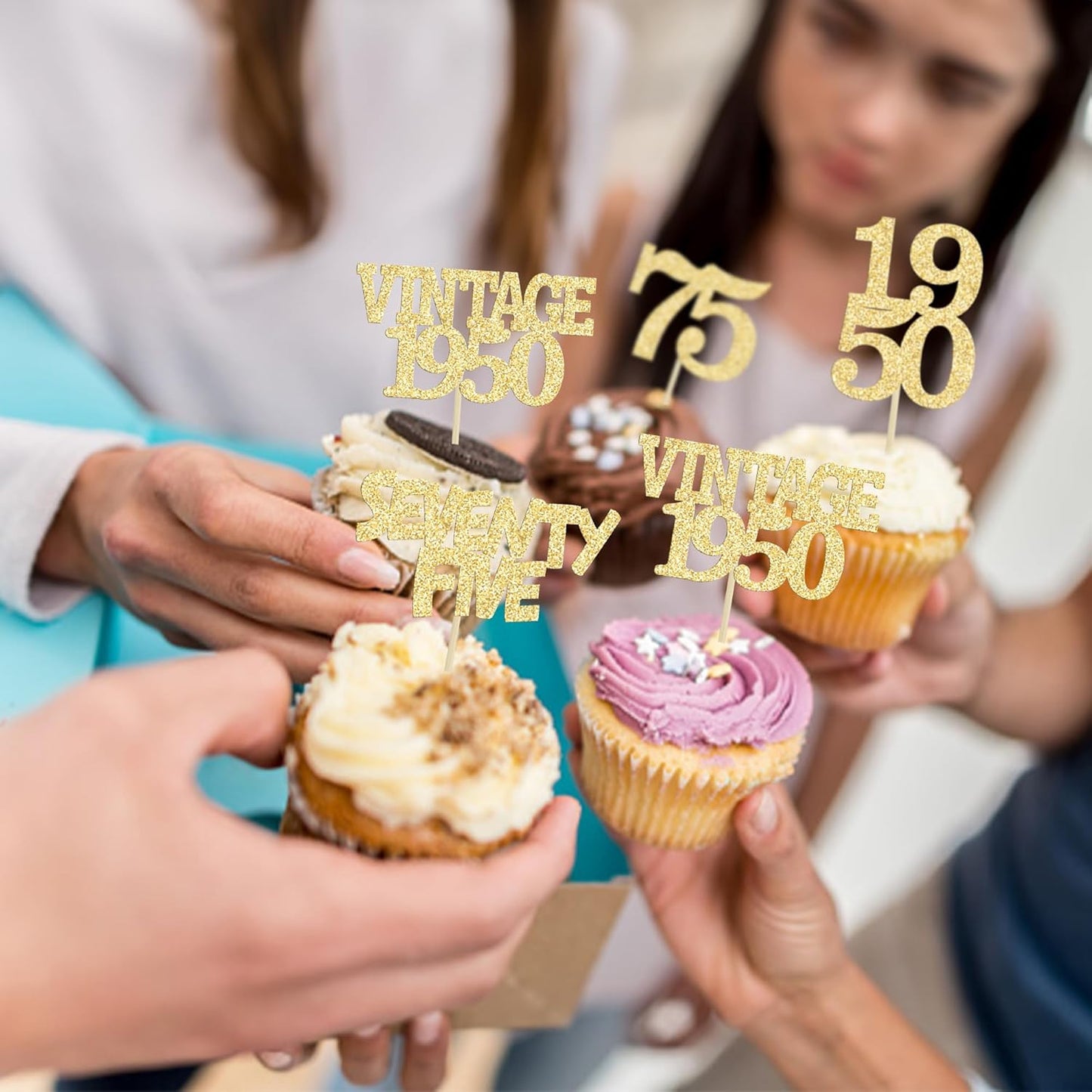 Gyufise 24Pcs 75th Birthday Cupcake Toppers Glitter Cheers to 75 Fabulous Seventy Five Vintage 1950 Cupcake Picks 75th Birthday Wedding Anniversary Party Cake Decorations Supplies Gold
