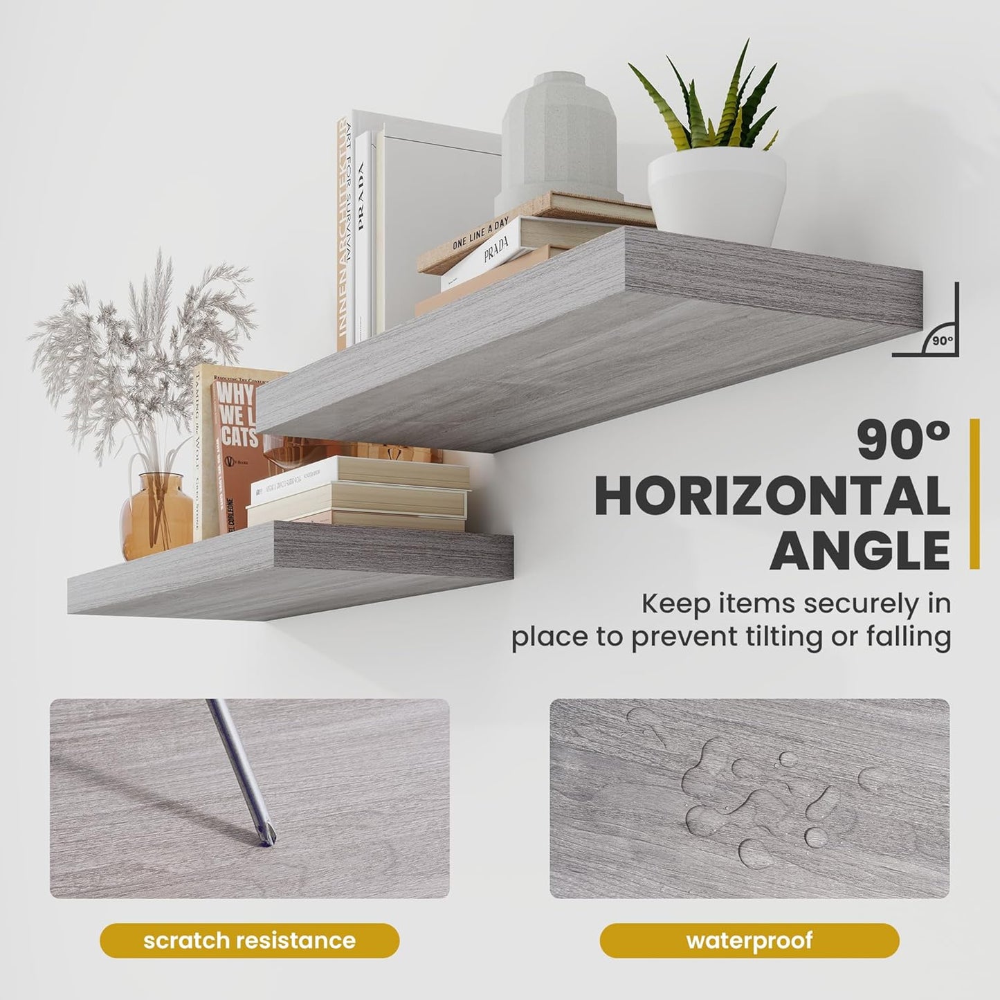 24 Inch Floating Shelves, 9.3" Deep Floating Shelf Wall Mounted, 24" Wall Shelves, Rustic Deep Bookshelf, Large Display Shelves & Storage Shelves for Bedroom, Living Room, Gray, Set of 2