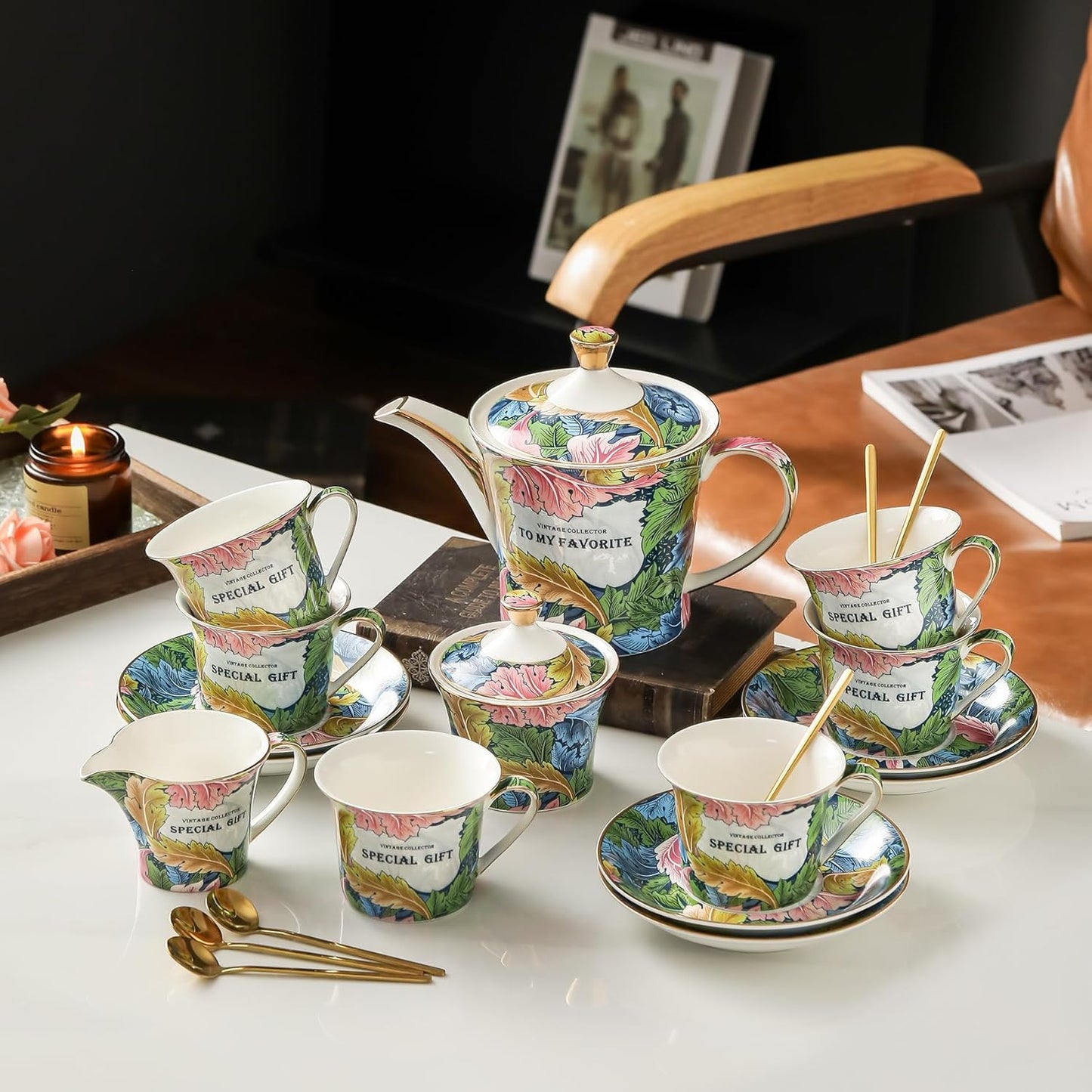 ACMLIFE Tea Cup and Saucer Set for 1, Vintage Floral Bone China Tea Cup Set with Saucer 24K Gold, Porcelain Tea Cup with Spoon and Gift Box, 6.8 oz (Green)