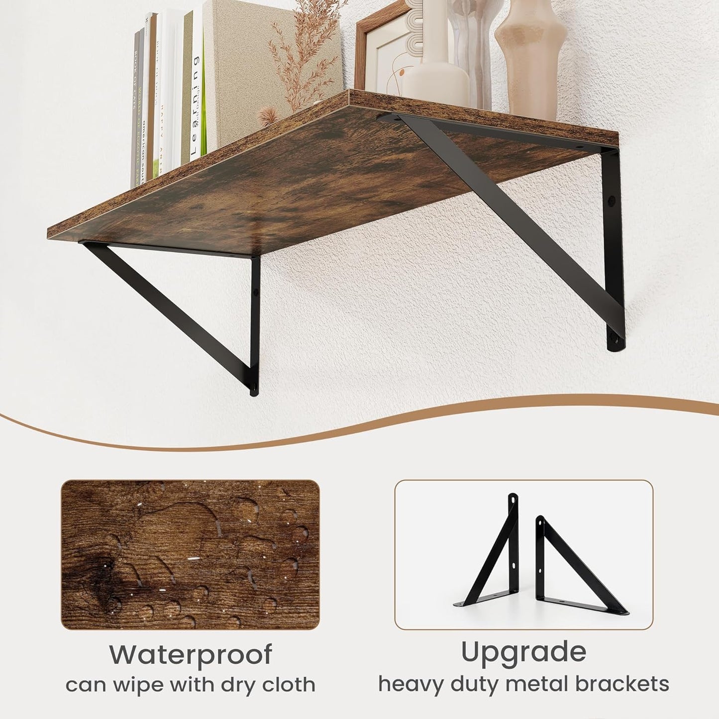 Heimlove Deep Floating Shelves for Wall, 24W x 8D Wood Wall Shelves Set of 2, Wide Floating Bookshelf for Living Room, Kitchen, Office, Bedroom and Decor Storage, with Metal Bracket - Rustic Brown