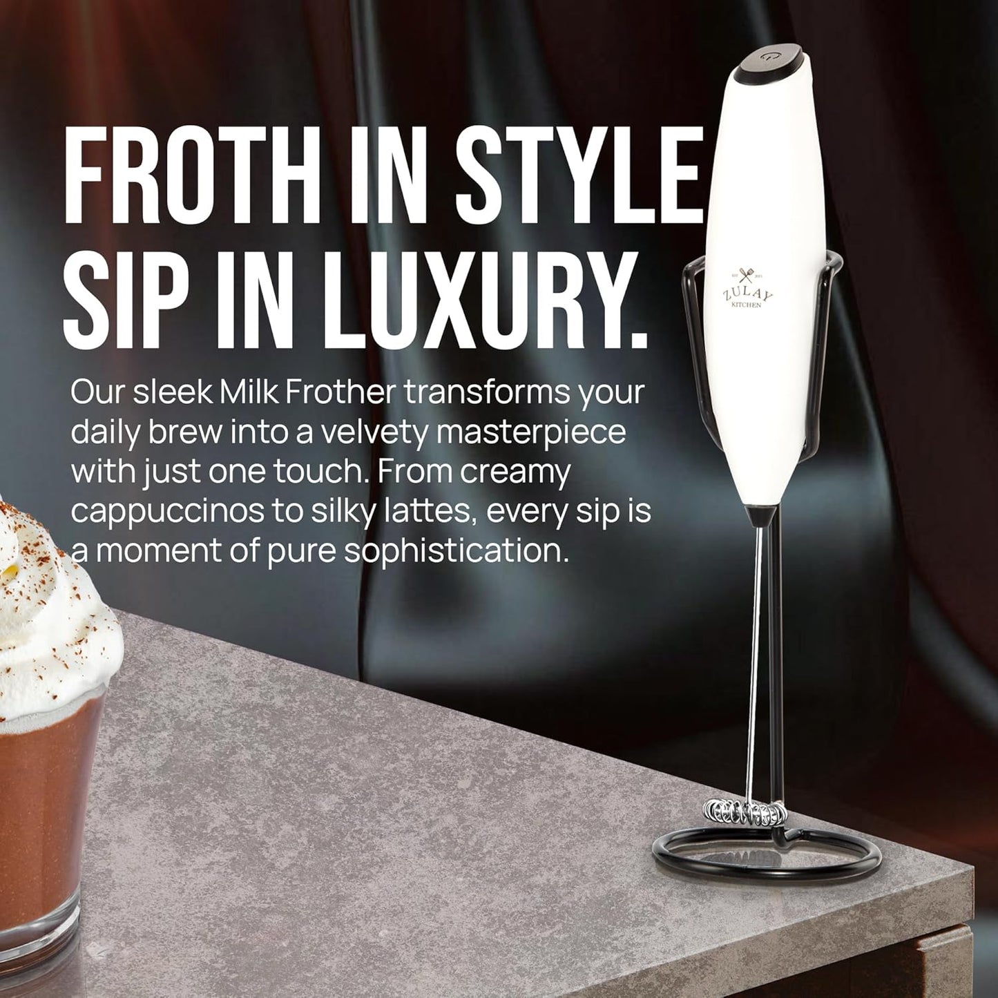 Zulay Kitchen Executive Series Luxury Gift Milk Frother with 4 Duracell Batteries – Handheld Electric Foam Maker for Coffee, Lattes & Hot Chocolate – Deluxe Finish, Ultimate Gift for Coffee Lovers