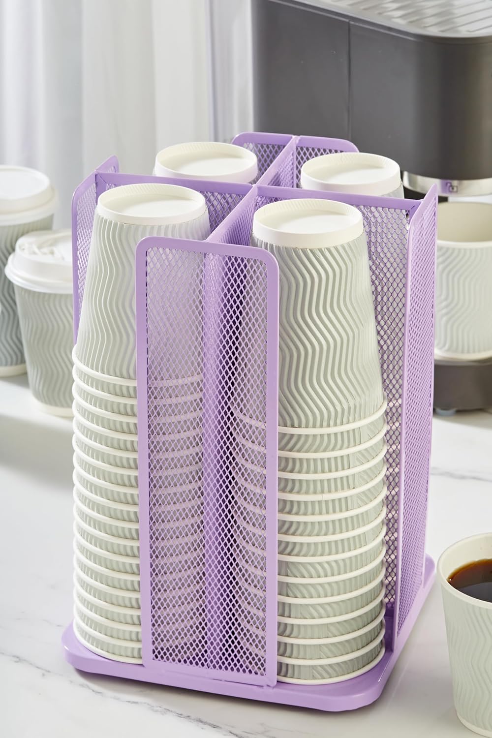 Annova Paper/Plastic Cup and Lid Holder Plastic Storage Organizer, 360°Rotating Coffee Mup Dispenser with 4 Compartments, Multifunctional Storage Rack for Home, Office, Bar, Coffee Shop (Lilac)