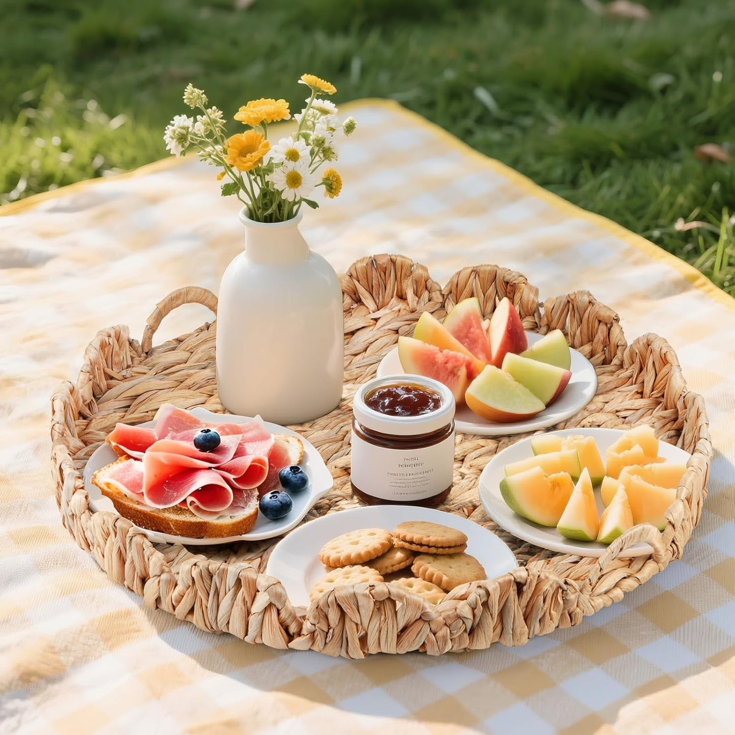 Round Ottoman Tray Large Wicker Serving Tray with Handles for Coffee Table, 20 Inch Handwoven Natural Water Hyacinth Tray Scalloped Edges
