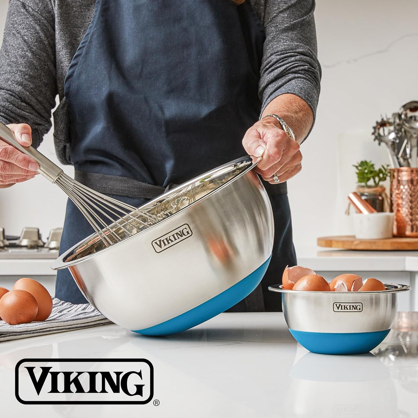 Viking Mixing Bowls Set, 10 Piece Stainless Steel Kitchen Cookware, Non-Slip Silicone Base, Includes Airtight Lids, Dishwasher Safe, Blue