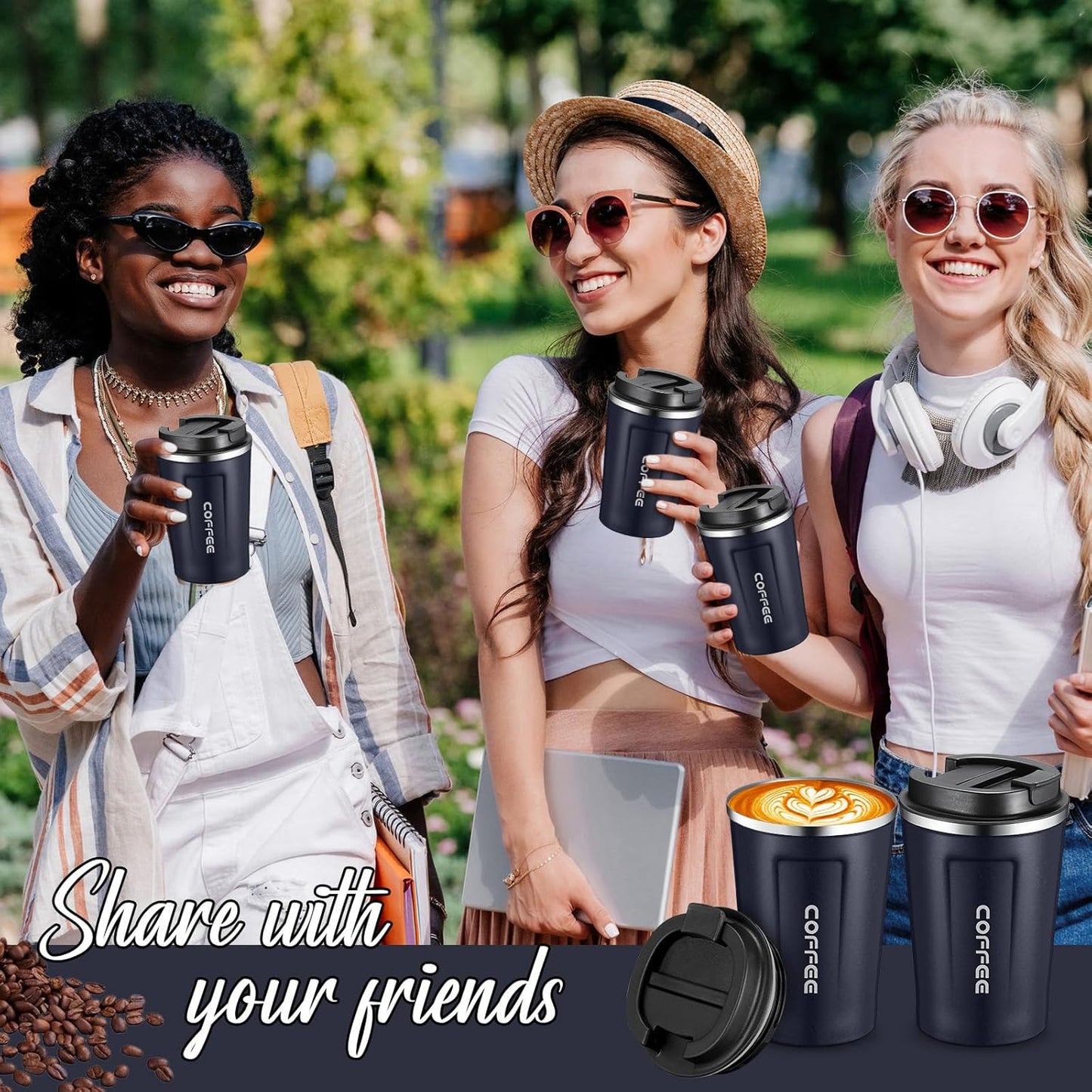 Sieral 4 Pcs 13 oz Travel Coffee Mug Insulated Reusable Coffee Cups with Leakproof Lid Stainless Steel Portable Tumbler for Keep Hot or Ice Milk Tea(Navy Blue)