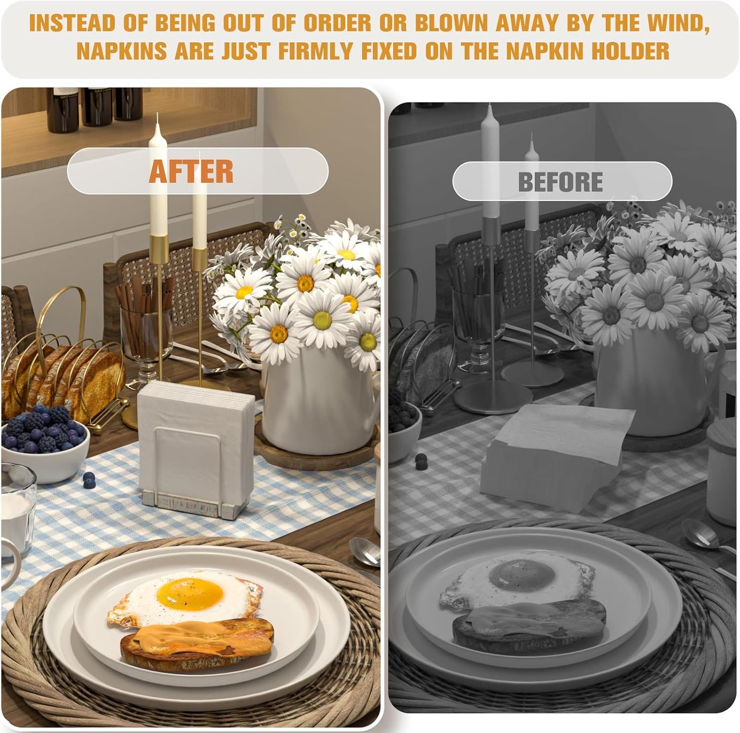 Napkin Holder for Table, Wood Iron Standing Napkin Dispenser for Dining Table Farmhouse Cocktail Picnic Rustic Wood Holders All Kitchen Dining Room Decor White & Farmhouse White